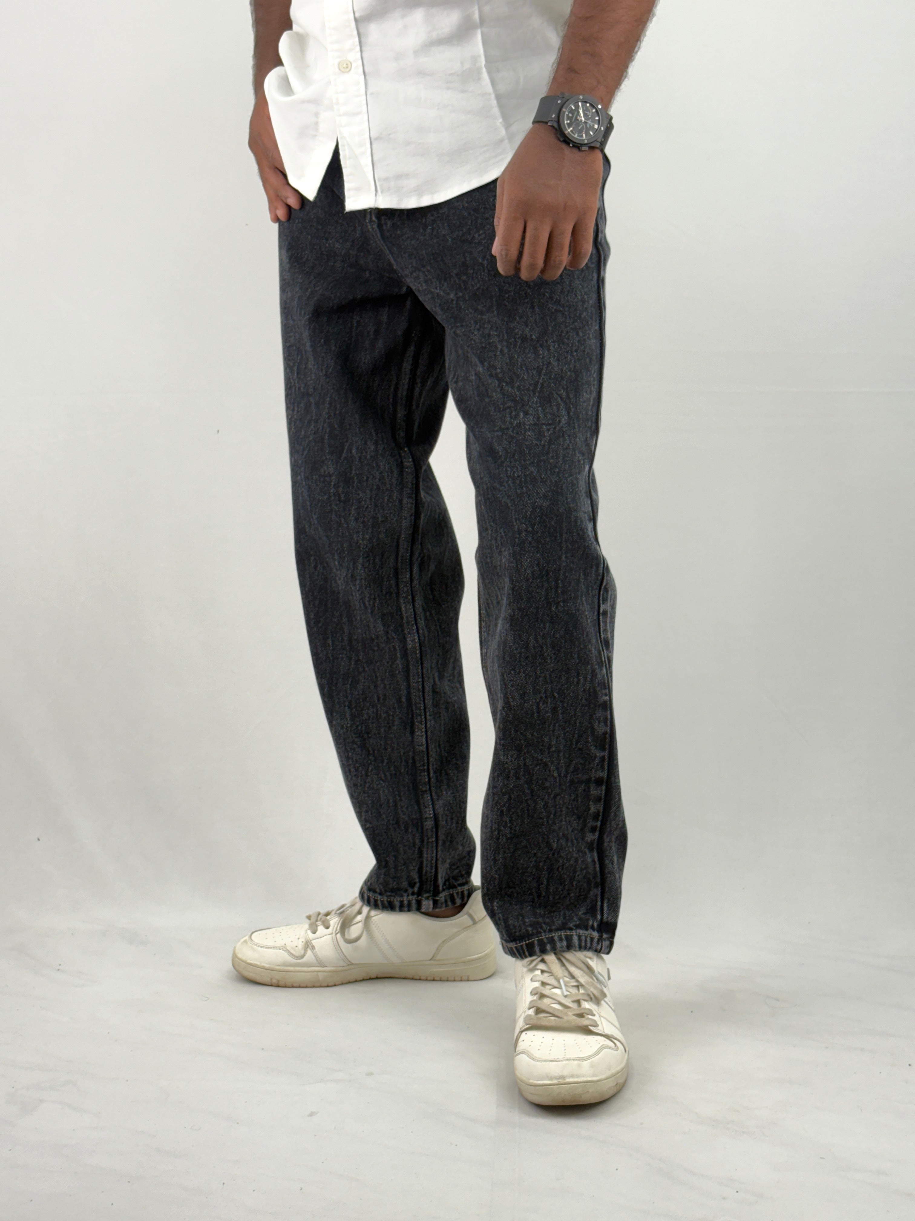 Black Acidwash Semi Baggy Jeans