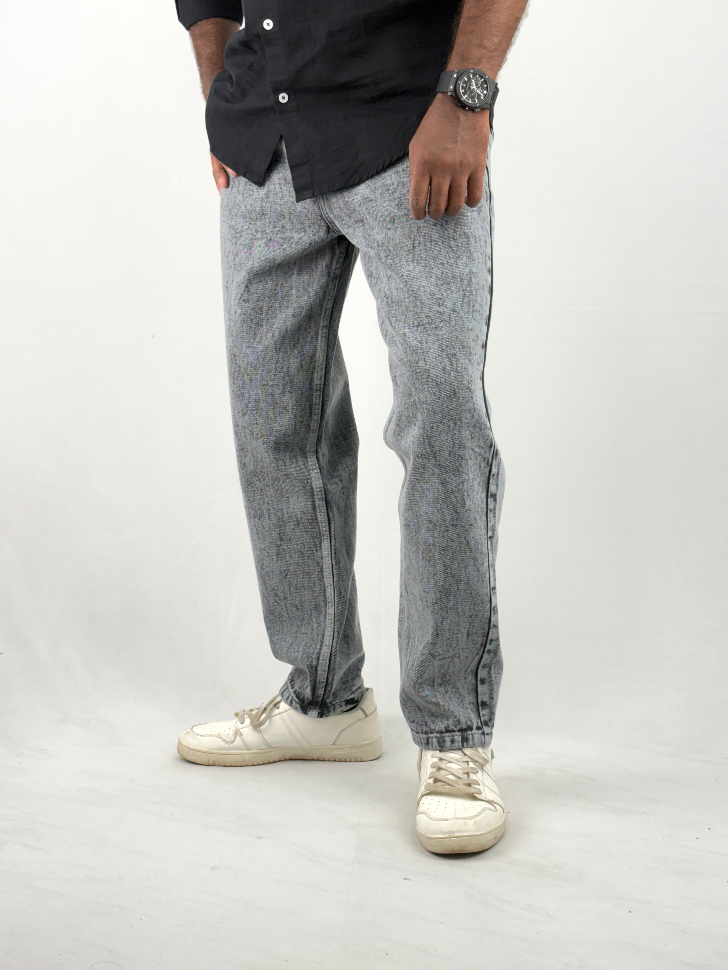 Grey Acidwash Semi Baggy Jeans