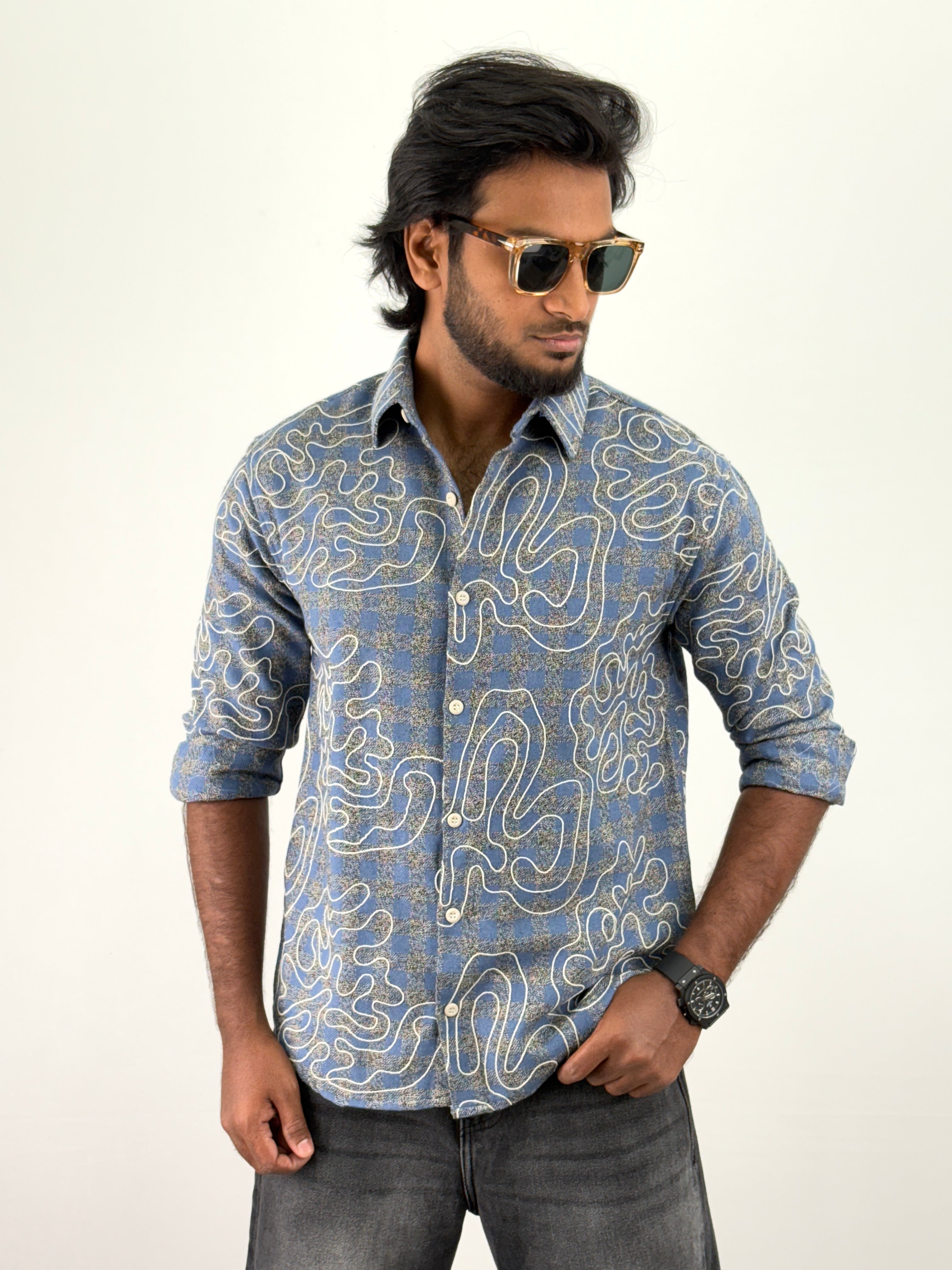 Blue Embroidery Flannel Shirt