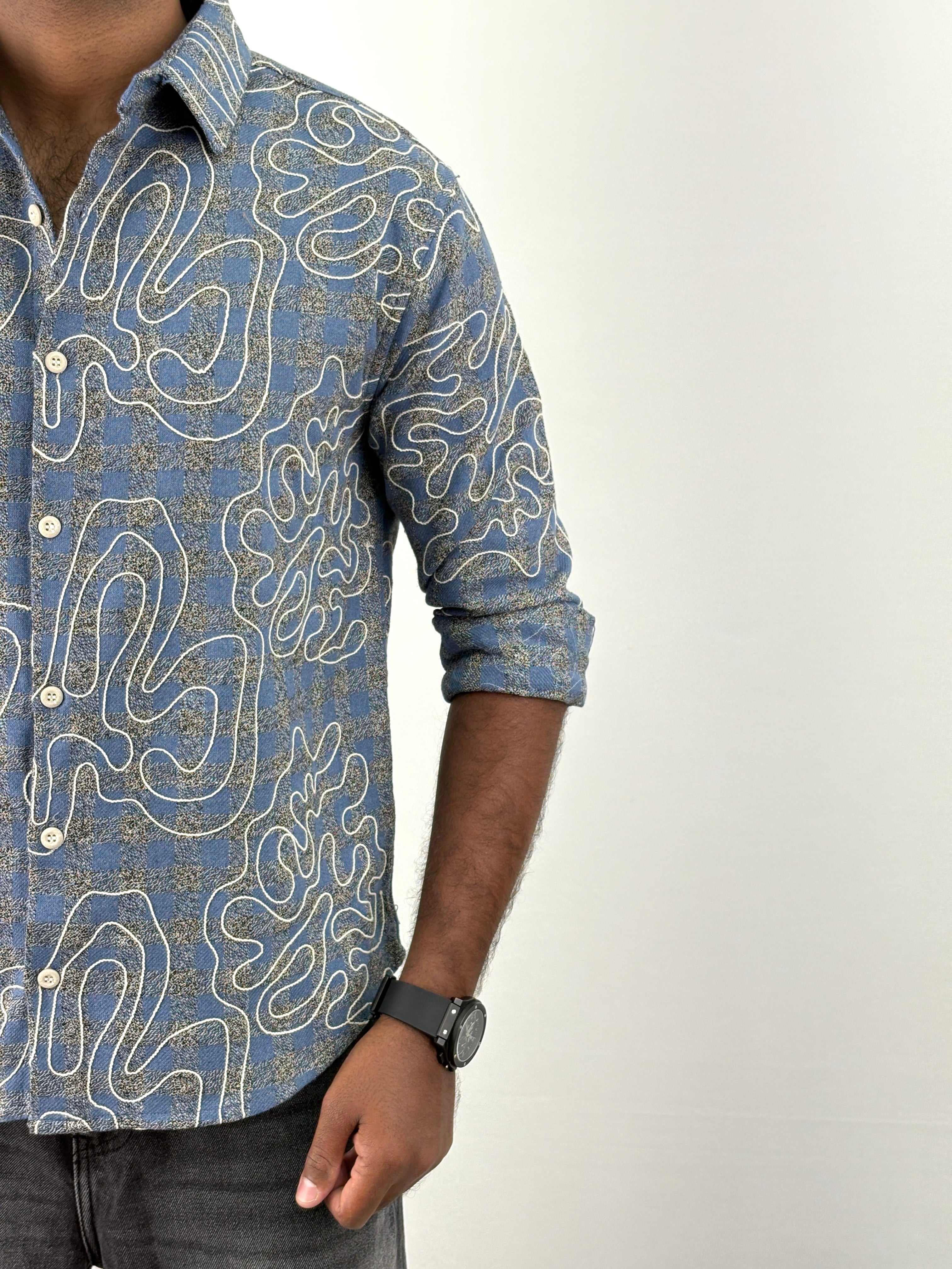 Blue Embroidery Flannel Shirt