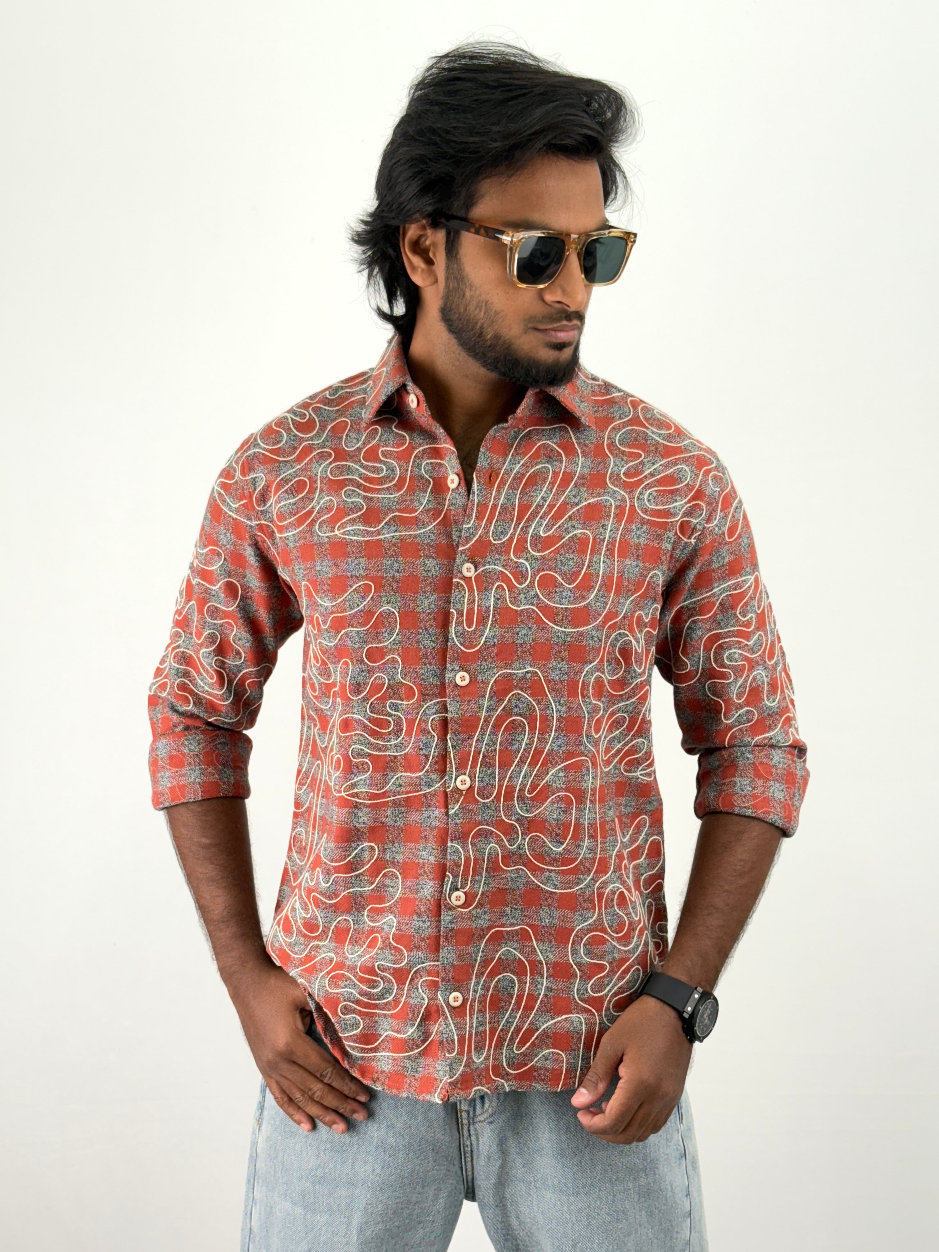 Red Embroidery Flannel Shirt