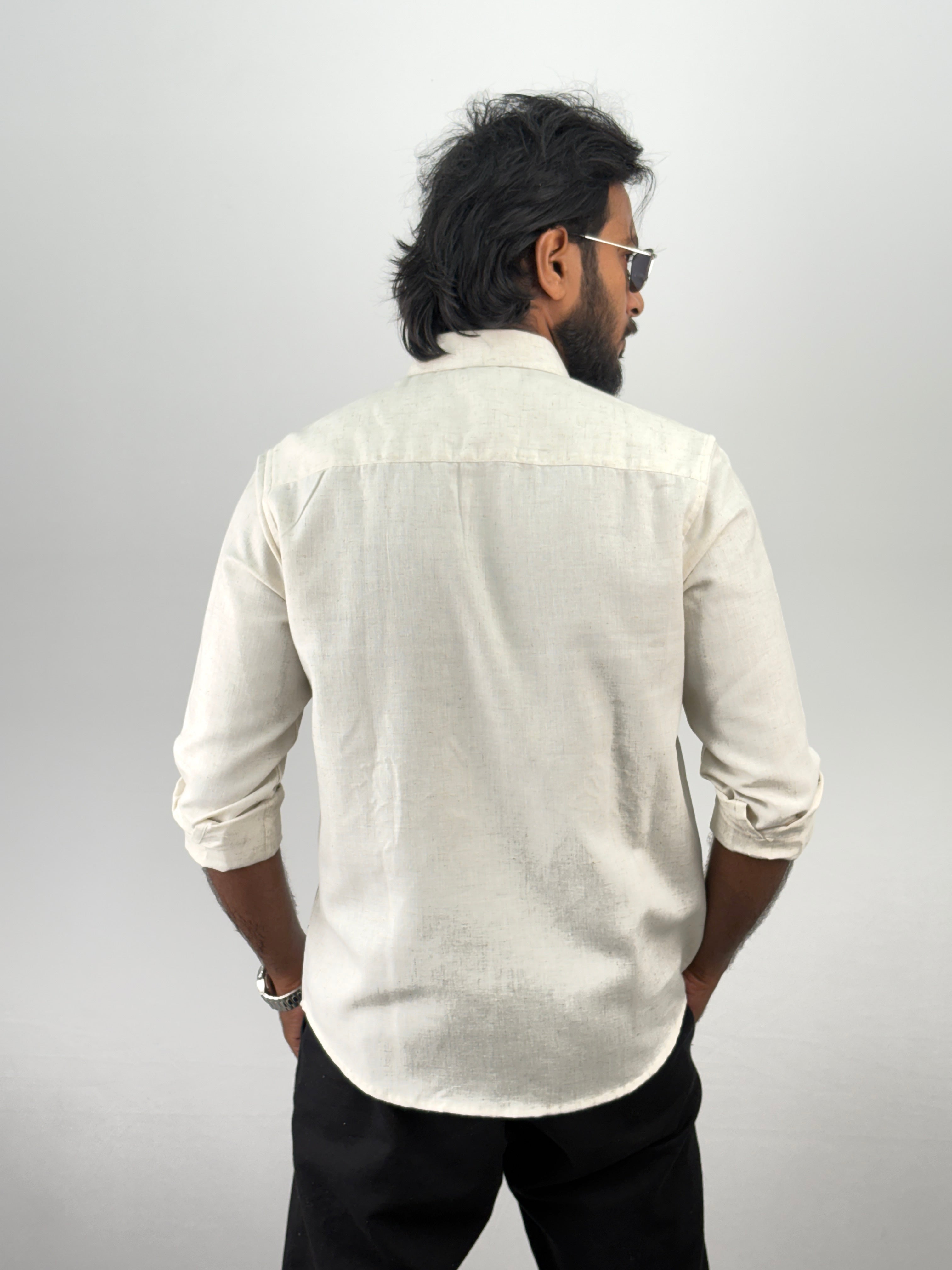 Beige Green Linen Embroidery Shirt 3