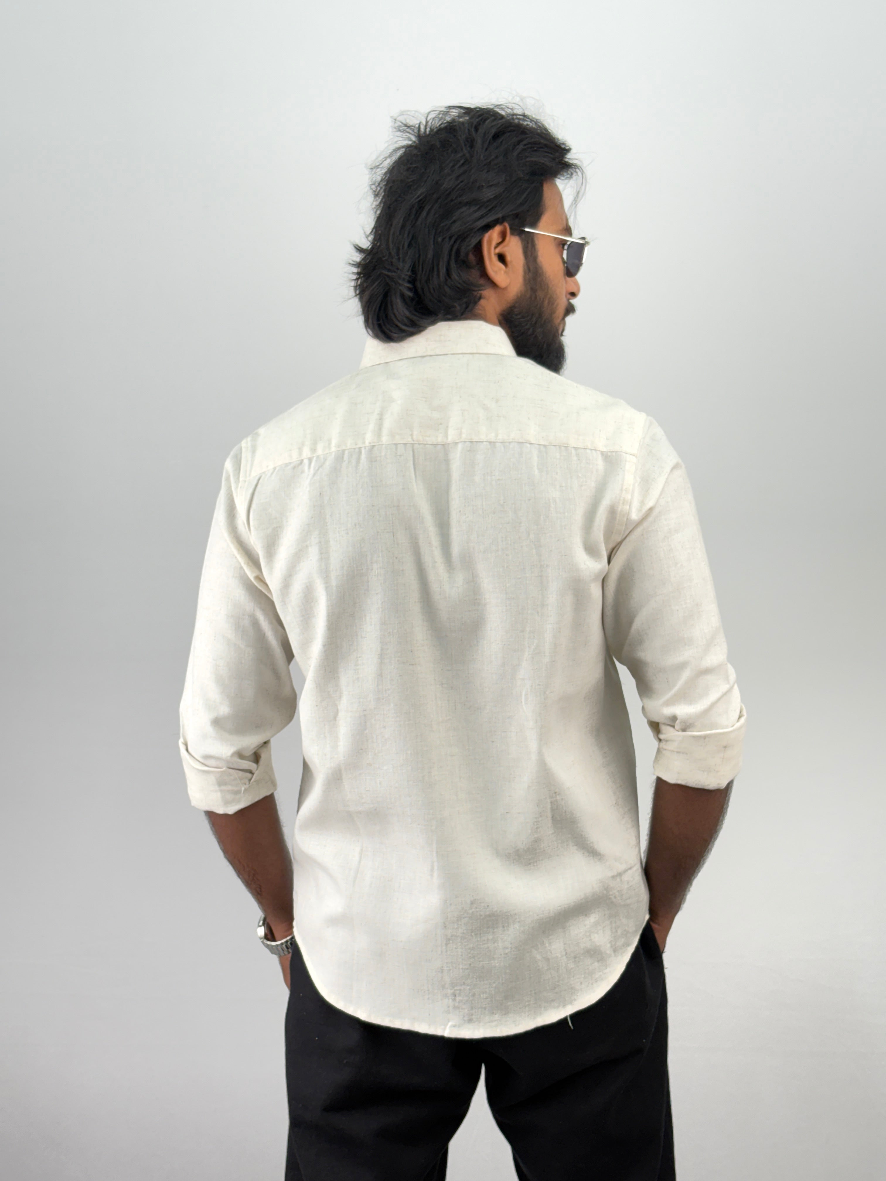 Beige Blue Linen Embroidery Shirt 1