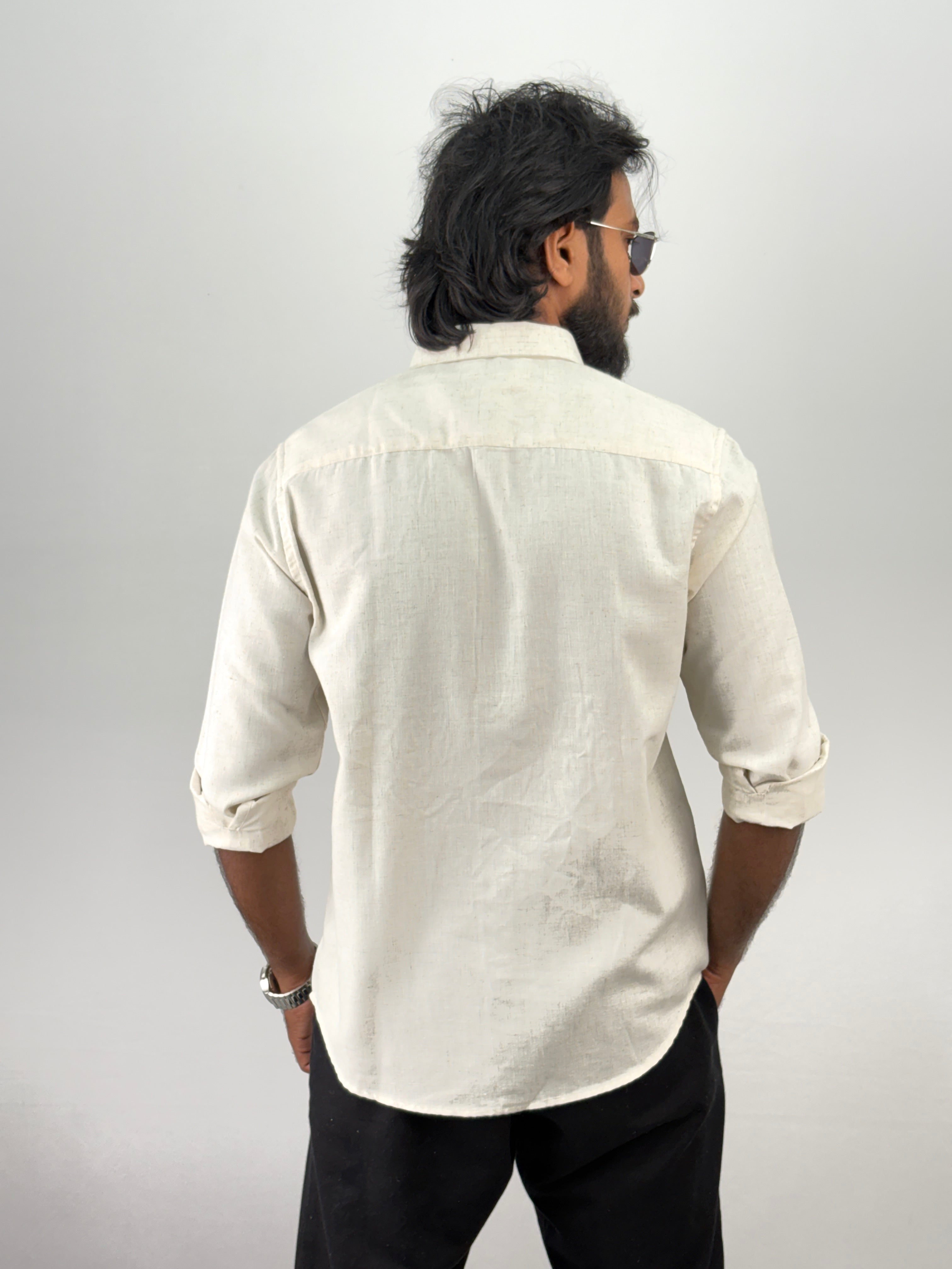 Beige Blue Linen Embroidery Shirt 9