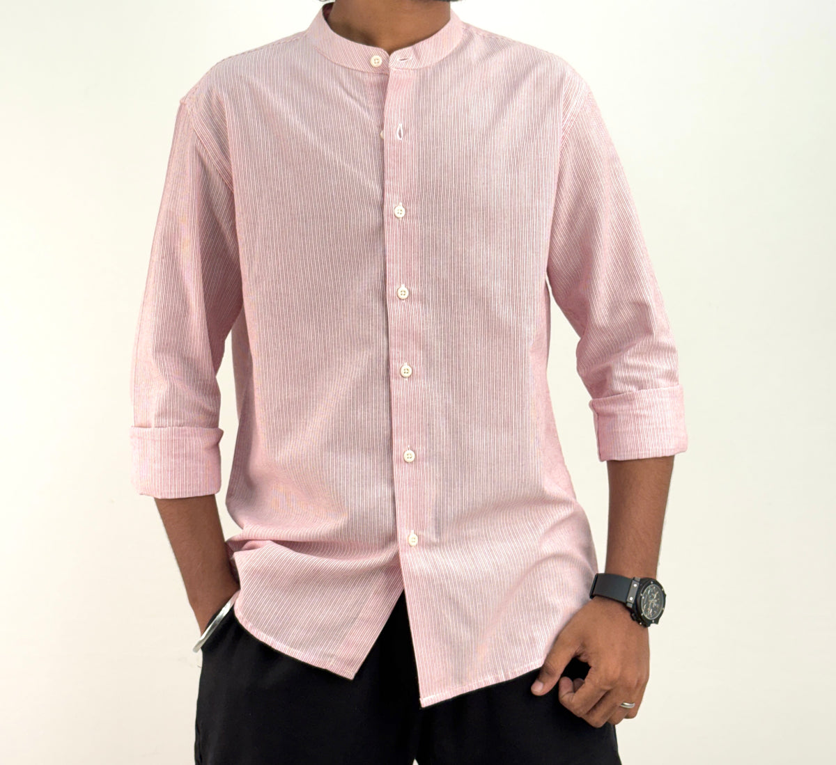 Pink Mandarin Collar Stripe Shirt