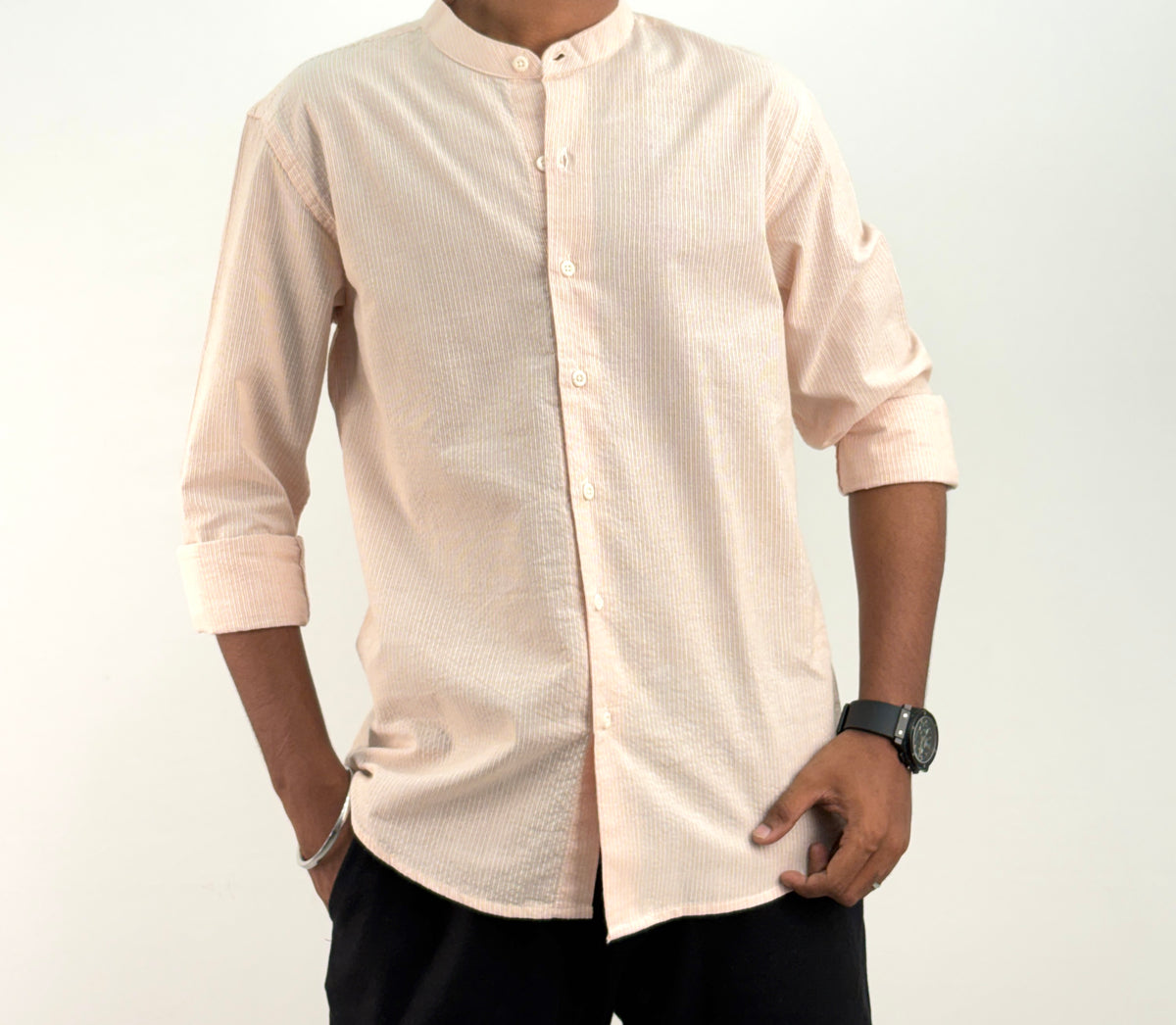 Peach Mandarin Collar Stripe Shirt