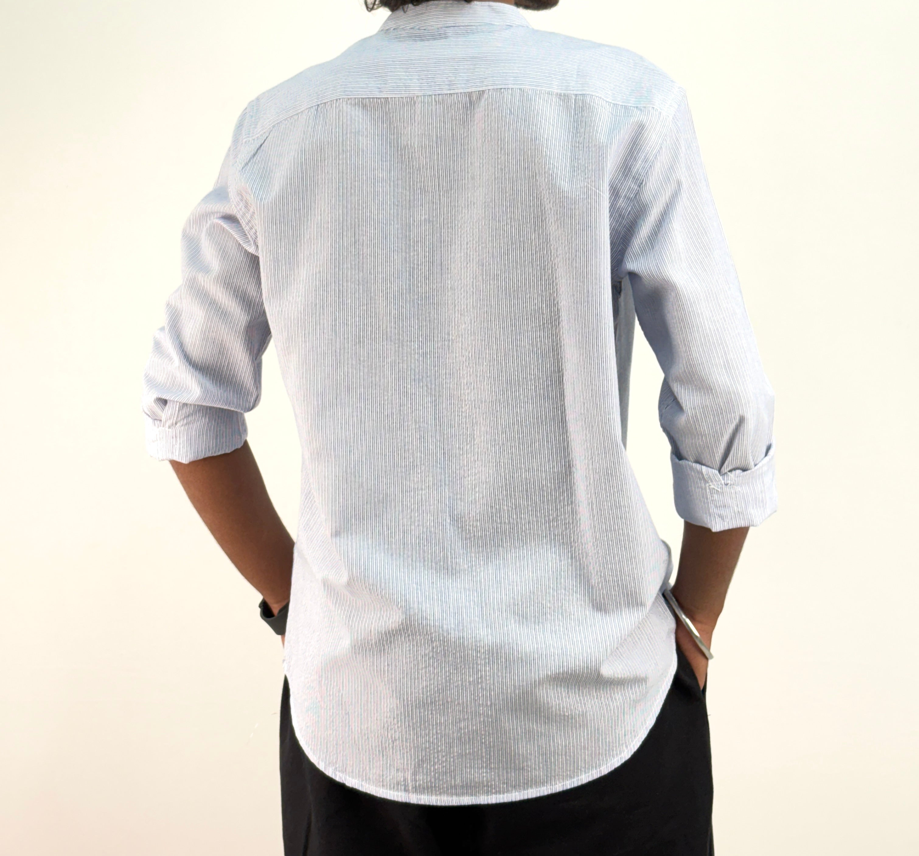 Blue Mandarin Collar Stripe Shirt