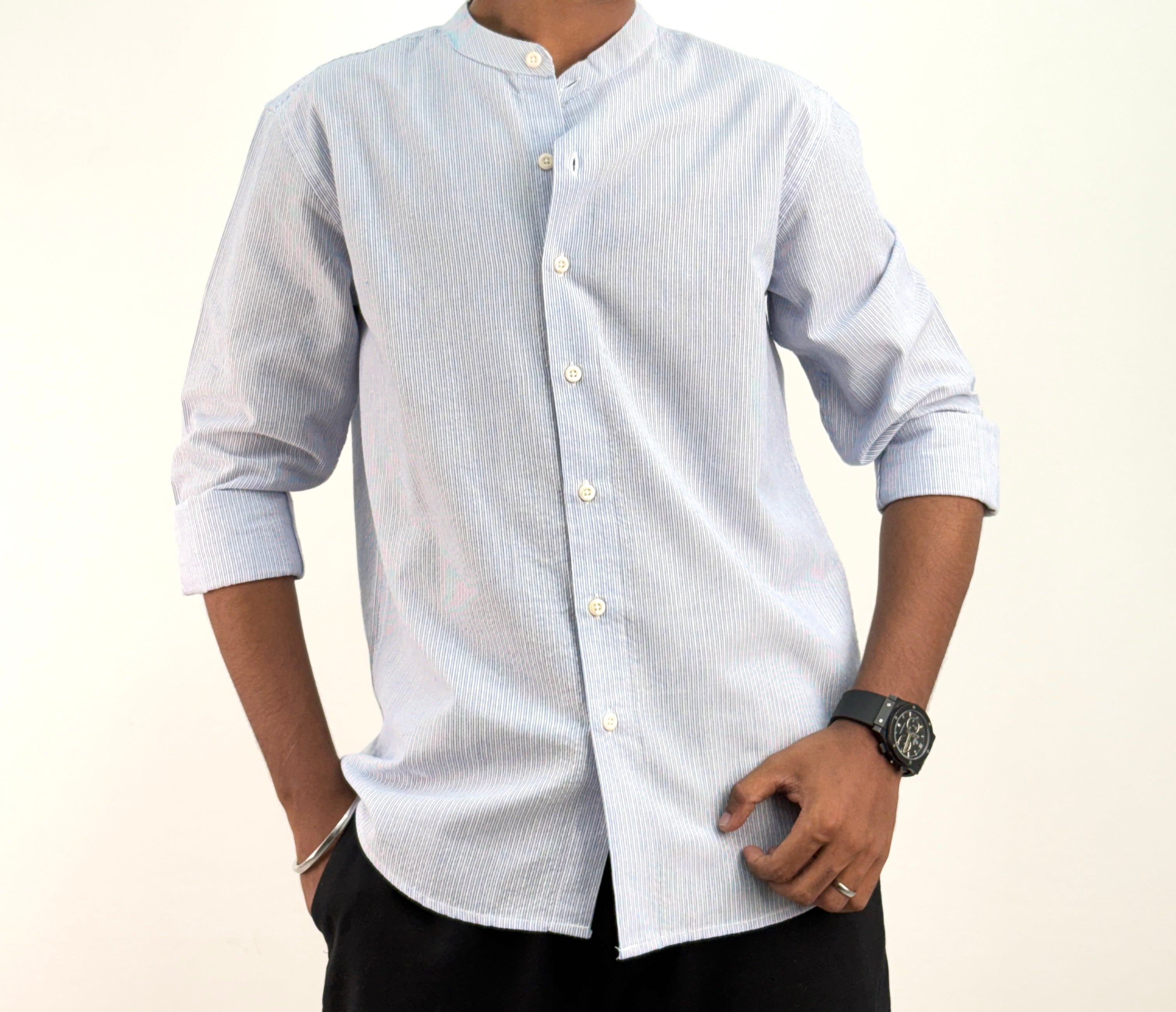 Blue Mandarin Collar Stripe Shirt