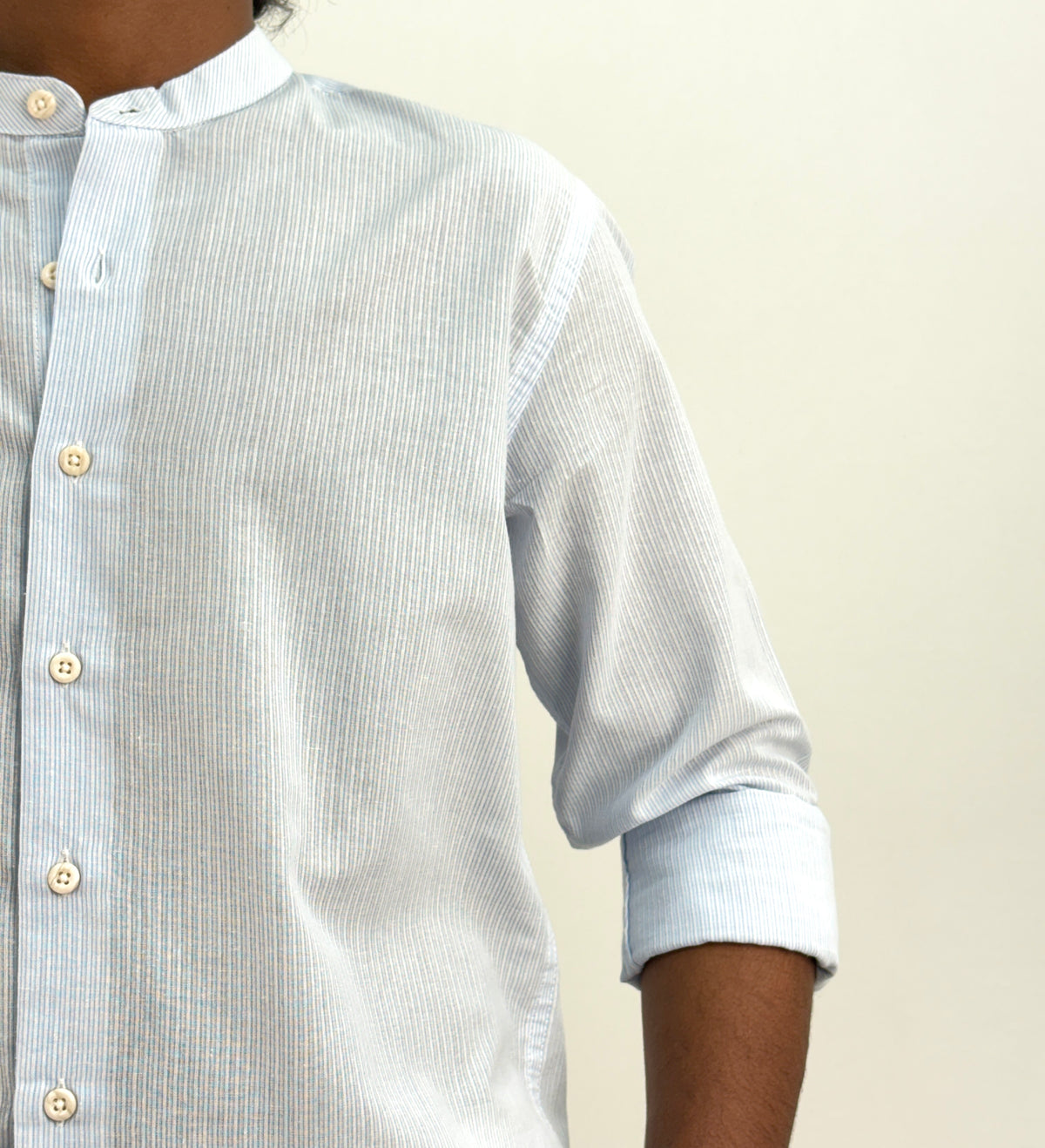 Ice Blue Mandarin Collar Stripe Shirt