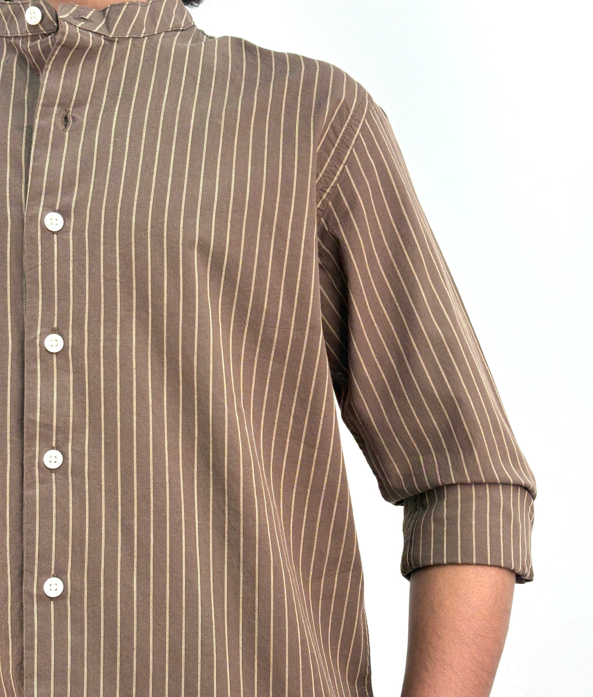 Brown Mandarin Collar Stripe Shirt