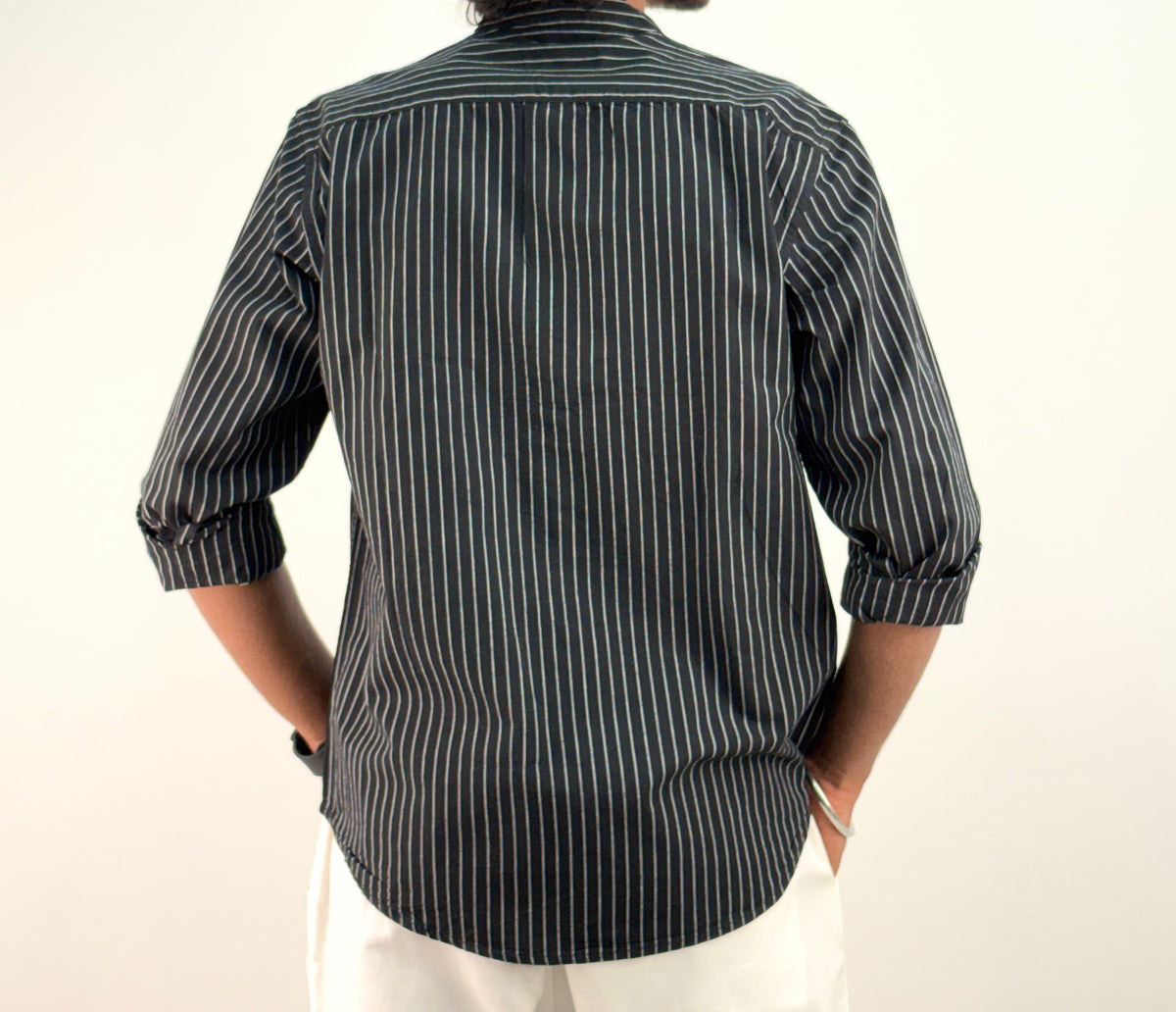 Black Mandarin Collar Stripe Shirt