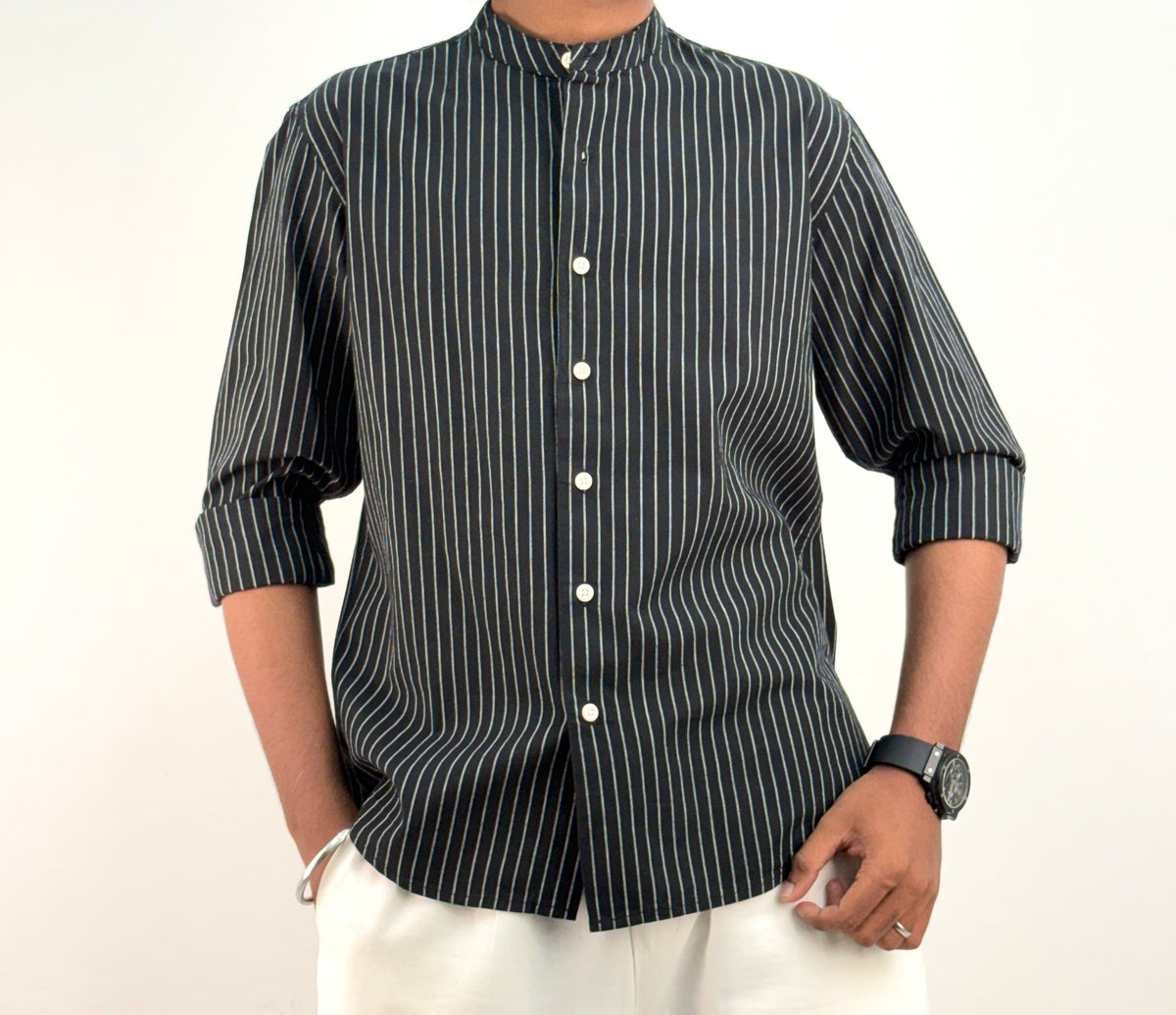 Black Mandarin Collar Stripe Shirt