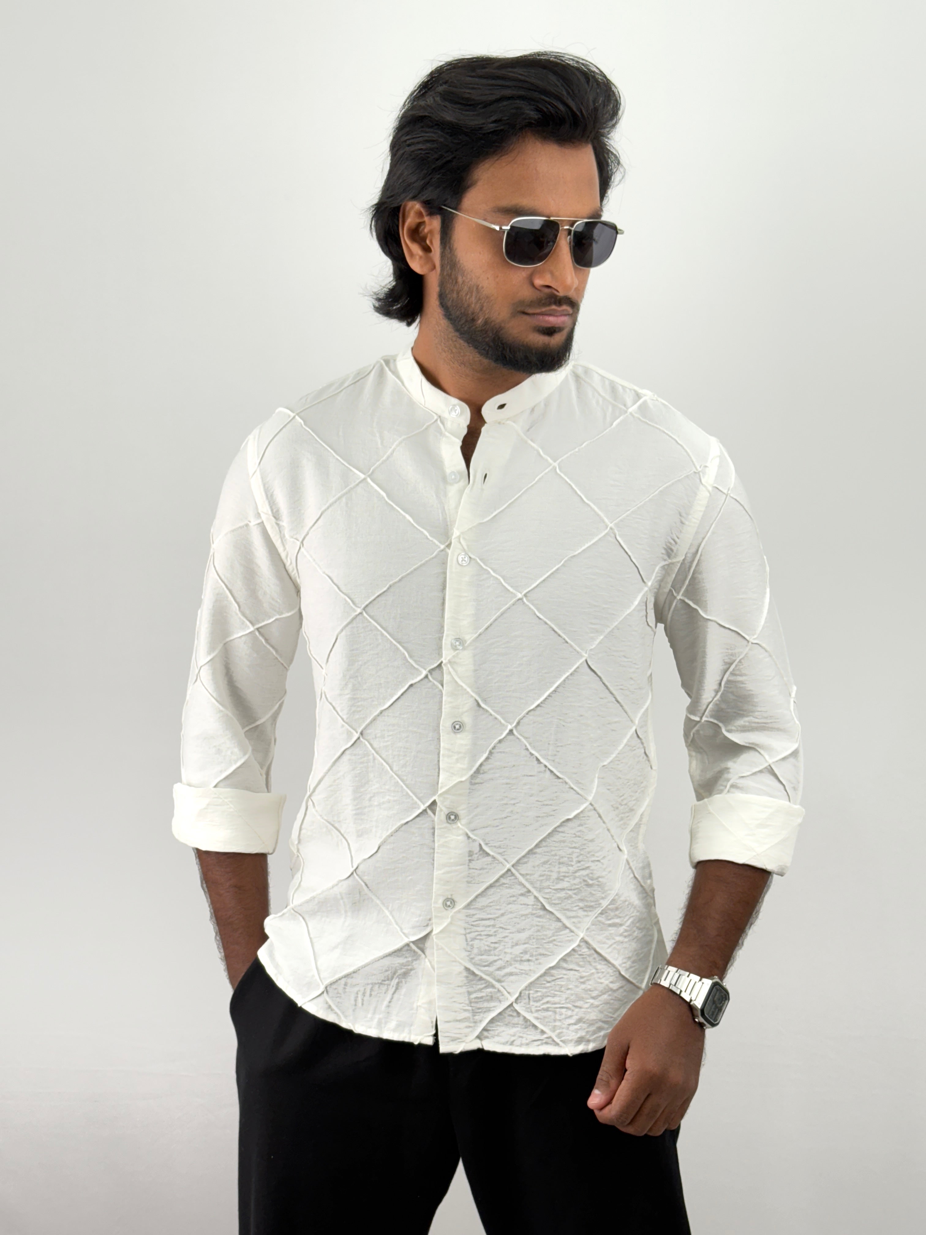 White Mandarin Collar Textured Shirts