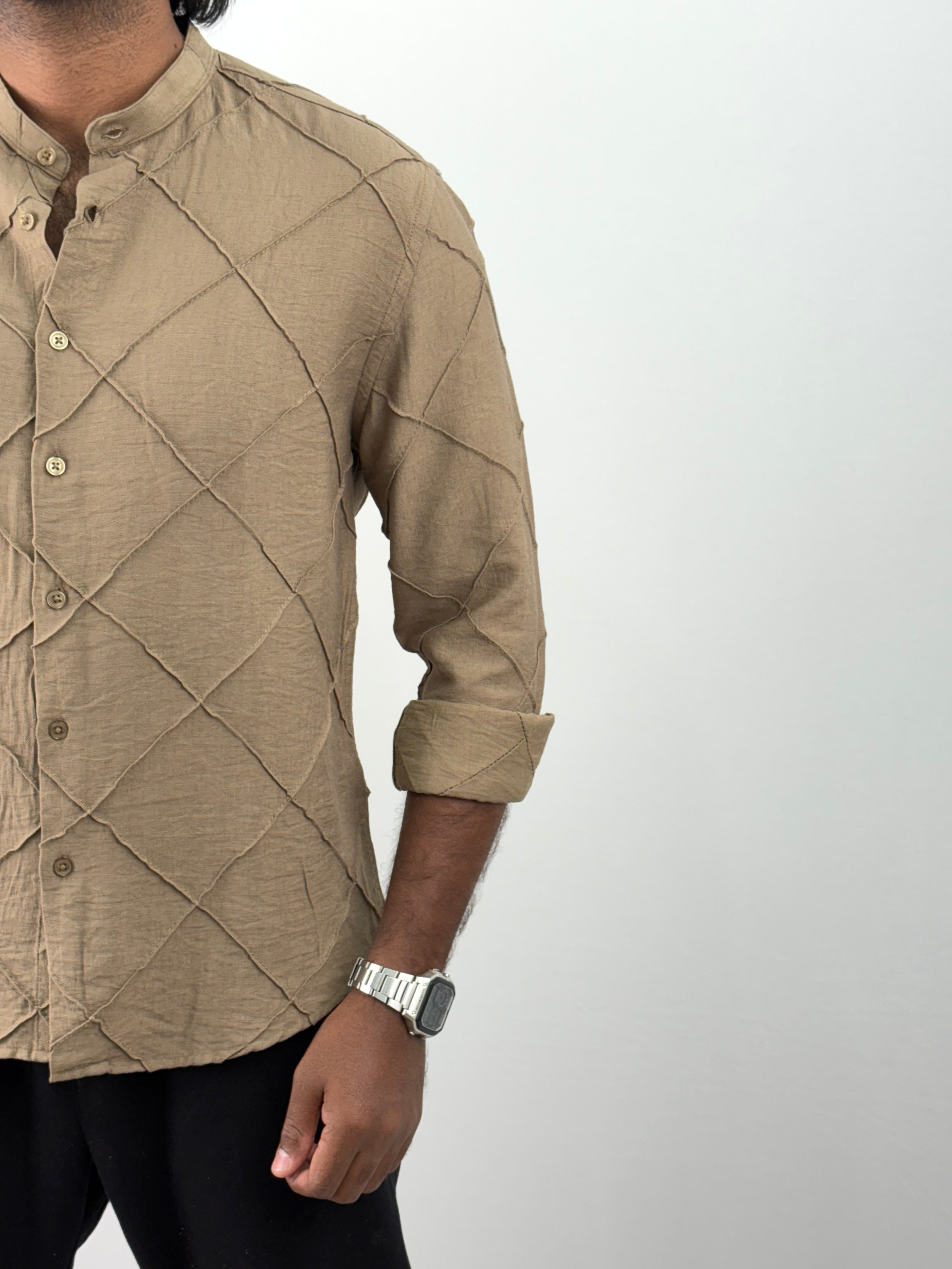 Brown Mandarin Collar Textured Shirts