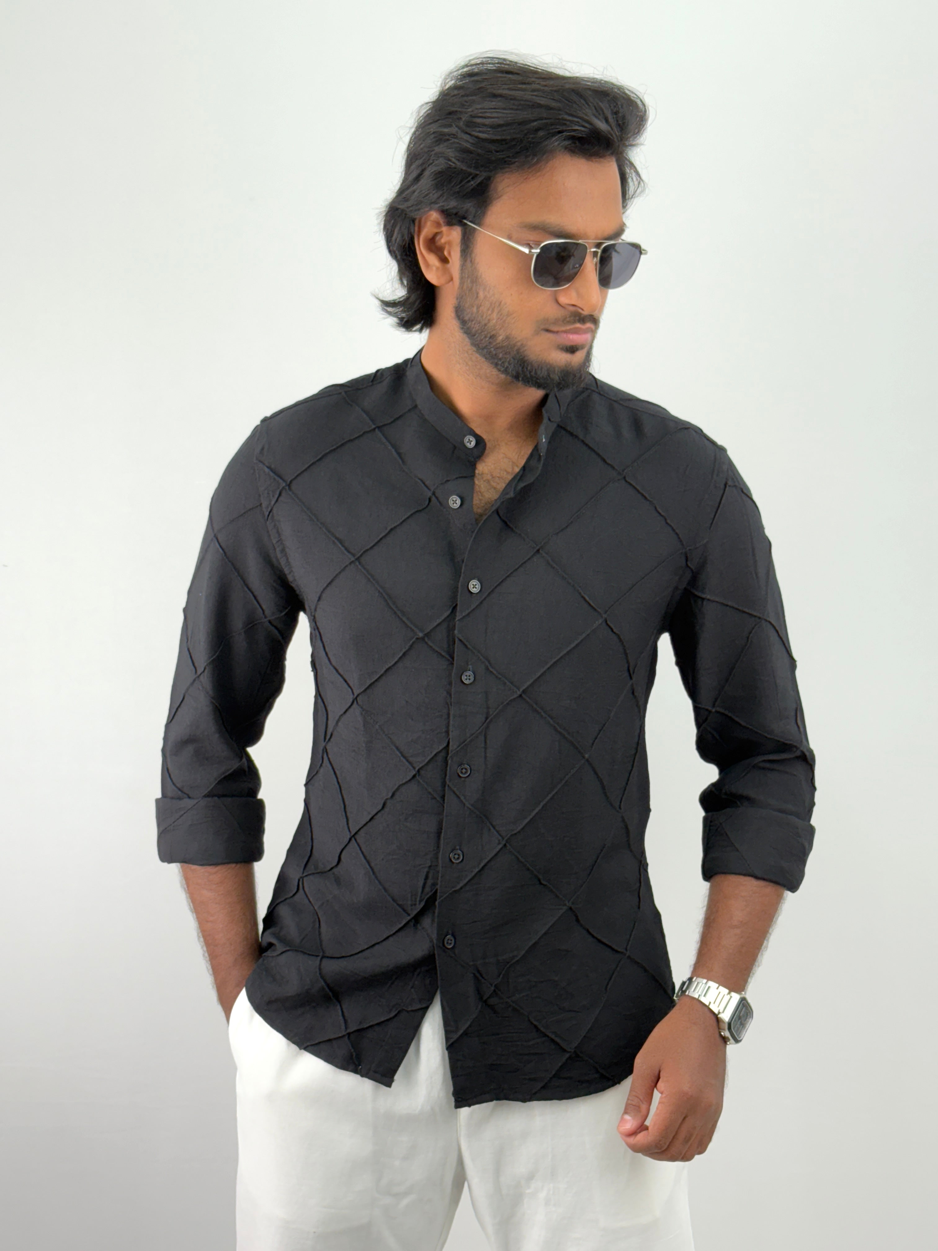 Black Mandarin Collar Textured Shirts