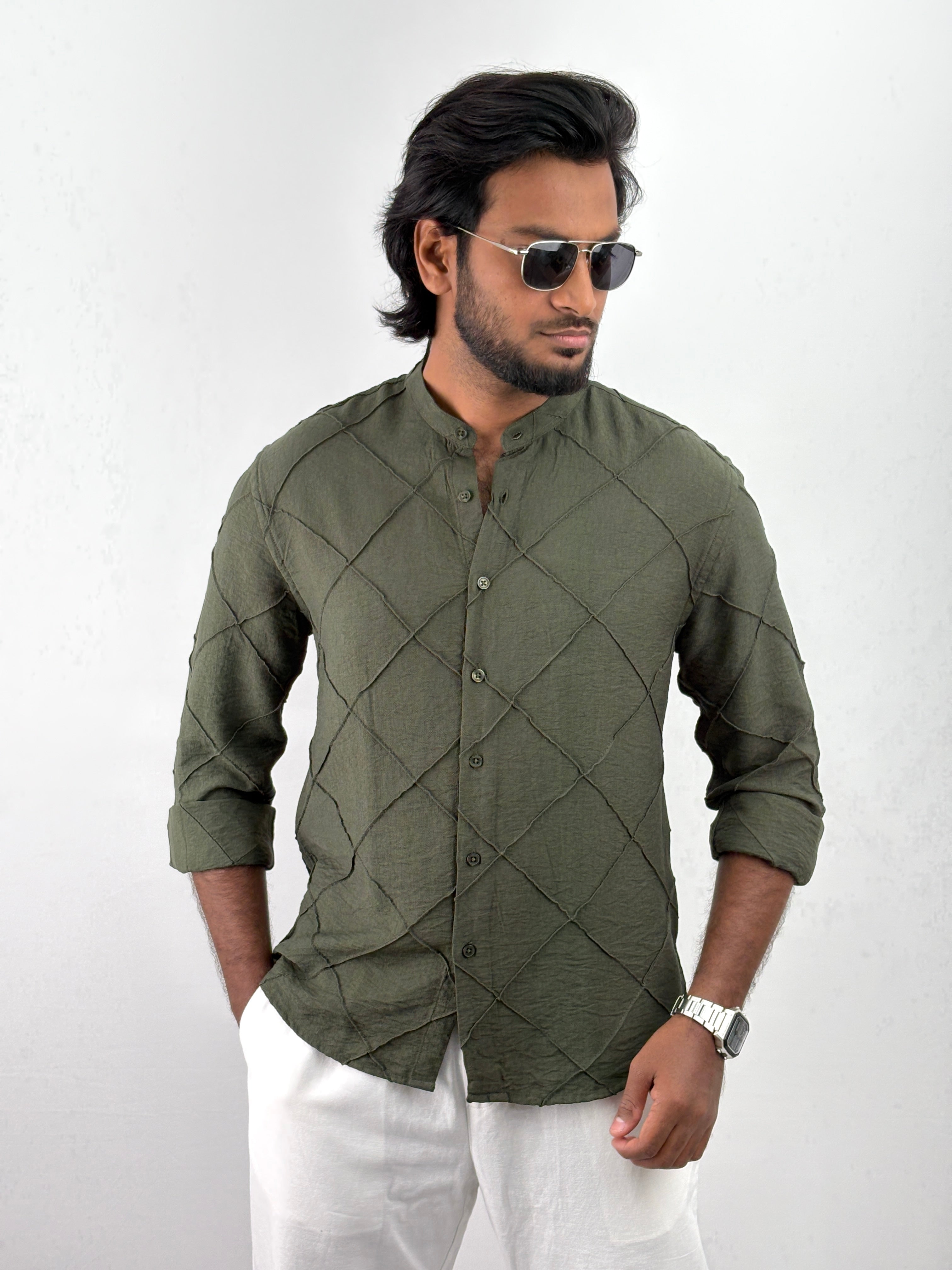 Green Mandarin Collar Textured Shirts