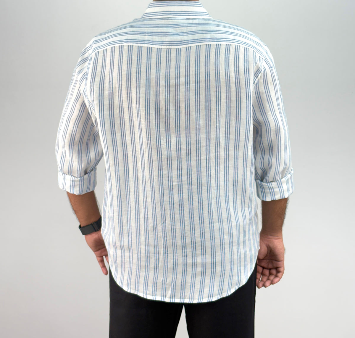 White Blue Pure Linen Stripe Shirt