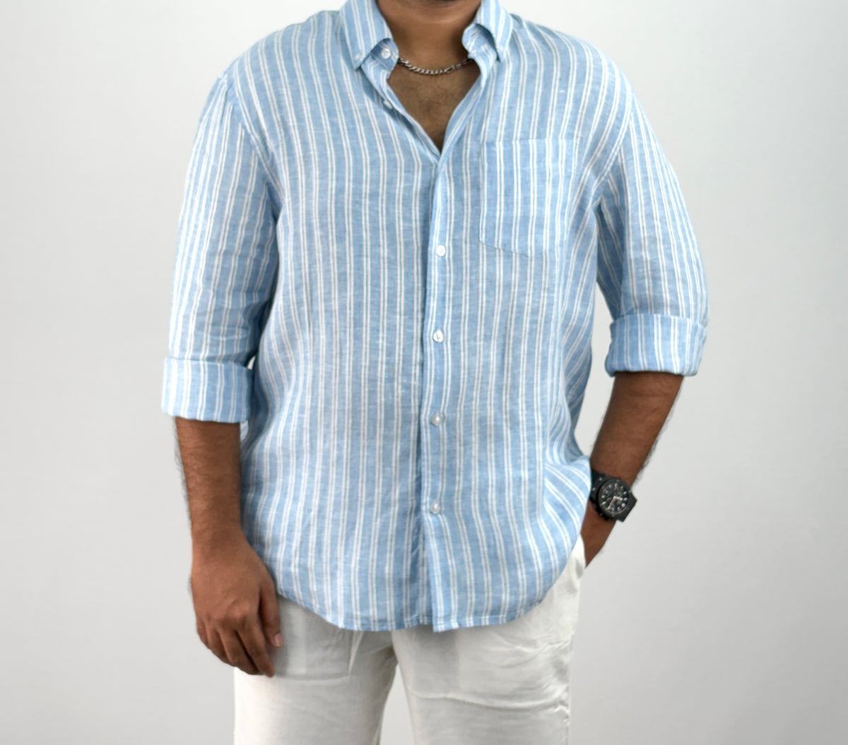 Light Blue Pure Linen Stripe Shirt