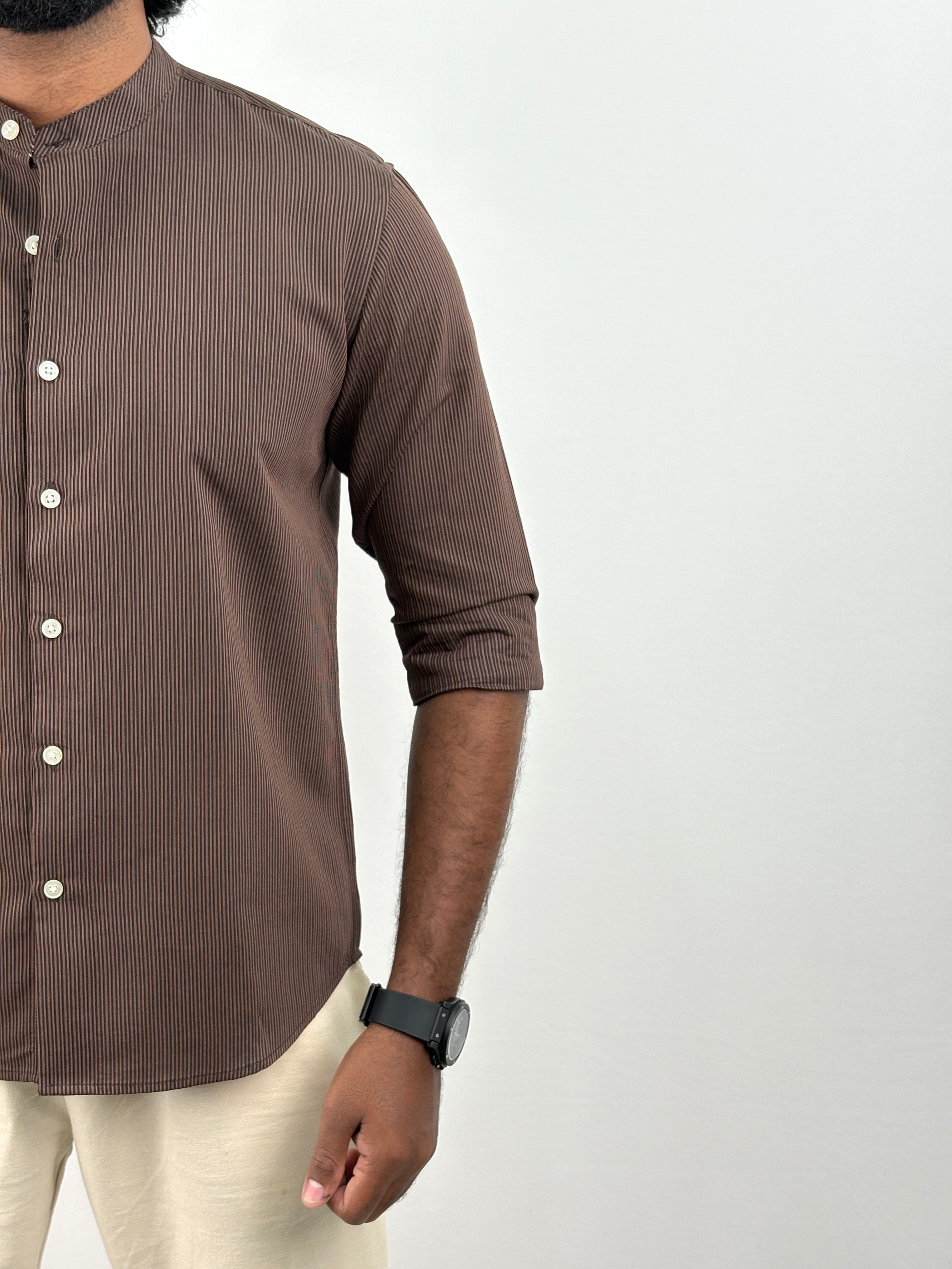 Brown Mandarin Collar Stripe Shirt