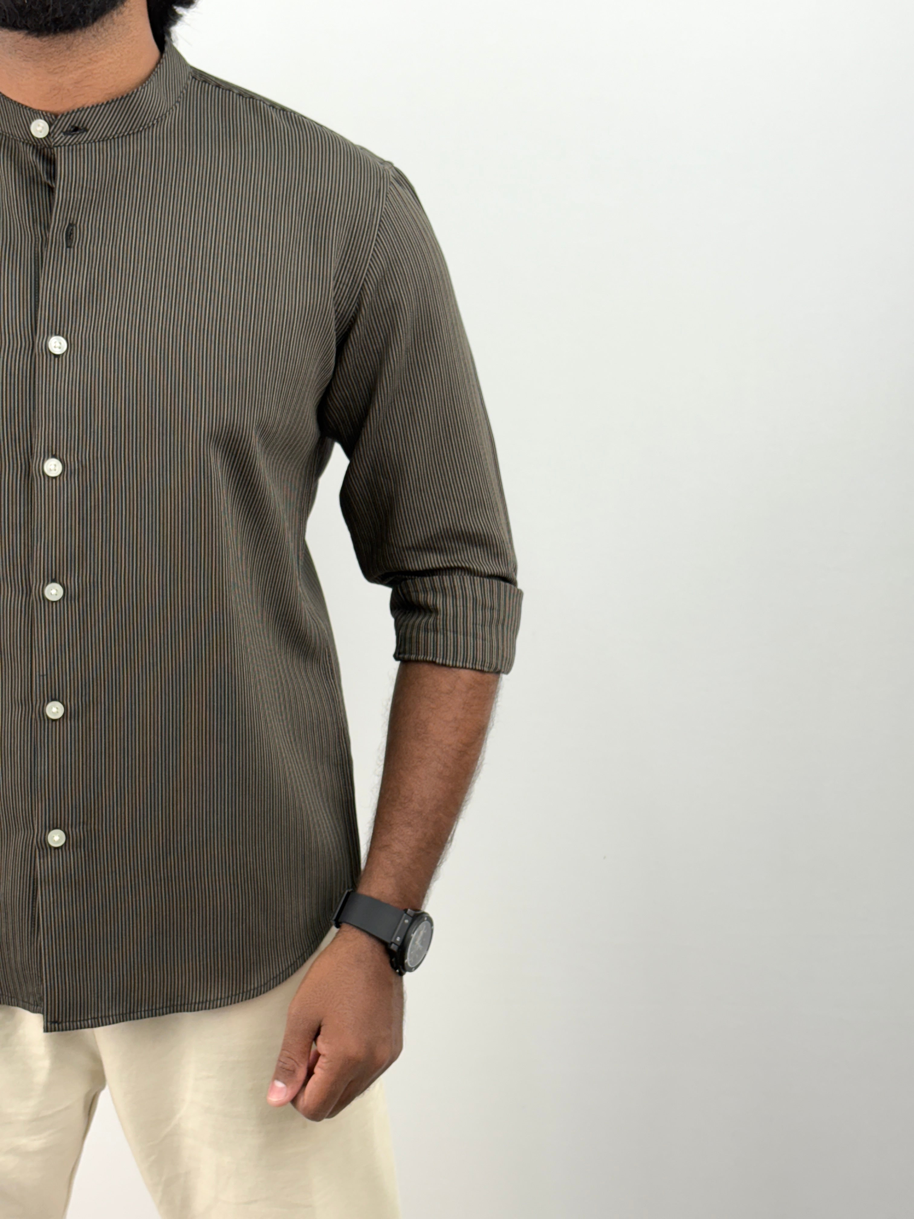 Green Mandarin Collar Stripe Shirt