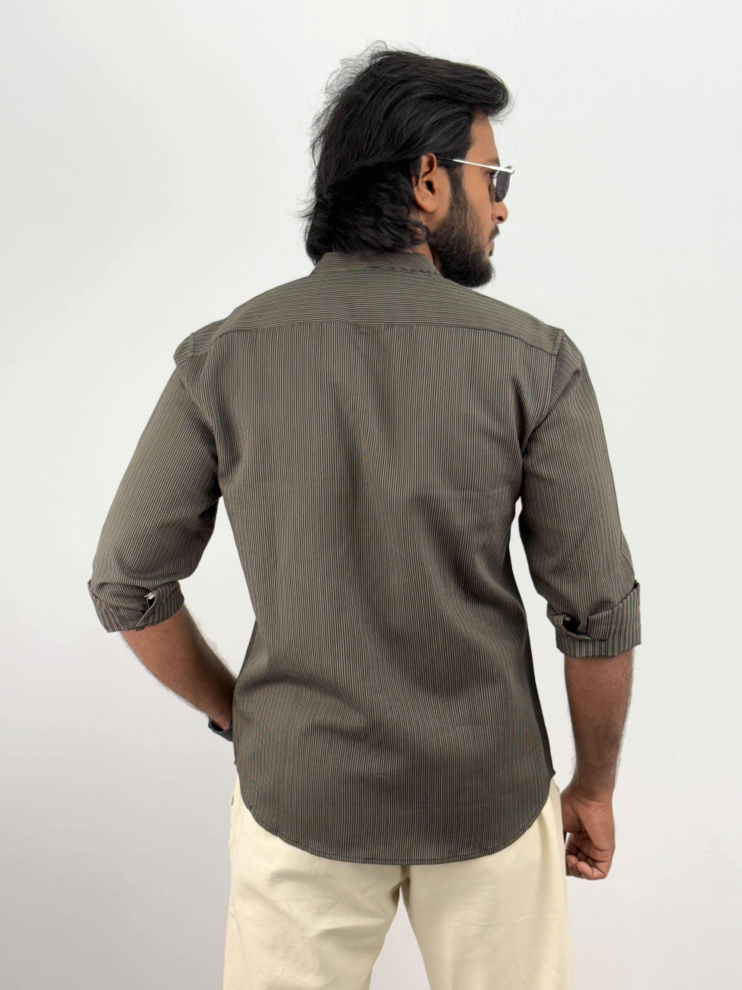 Green Mandarin Collar Stripe Shirt