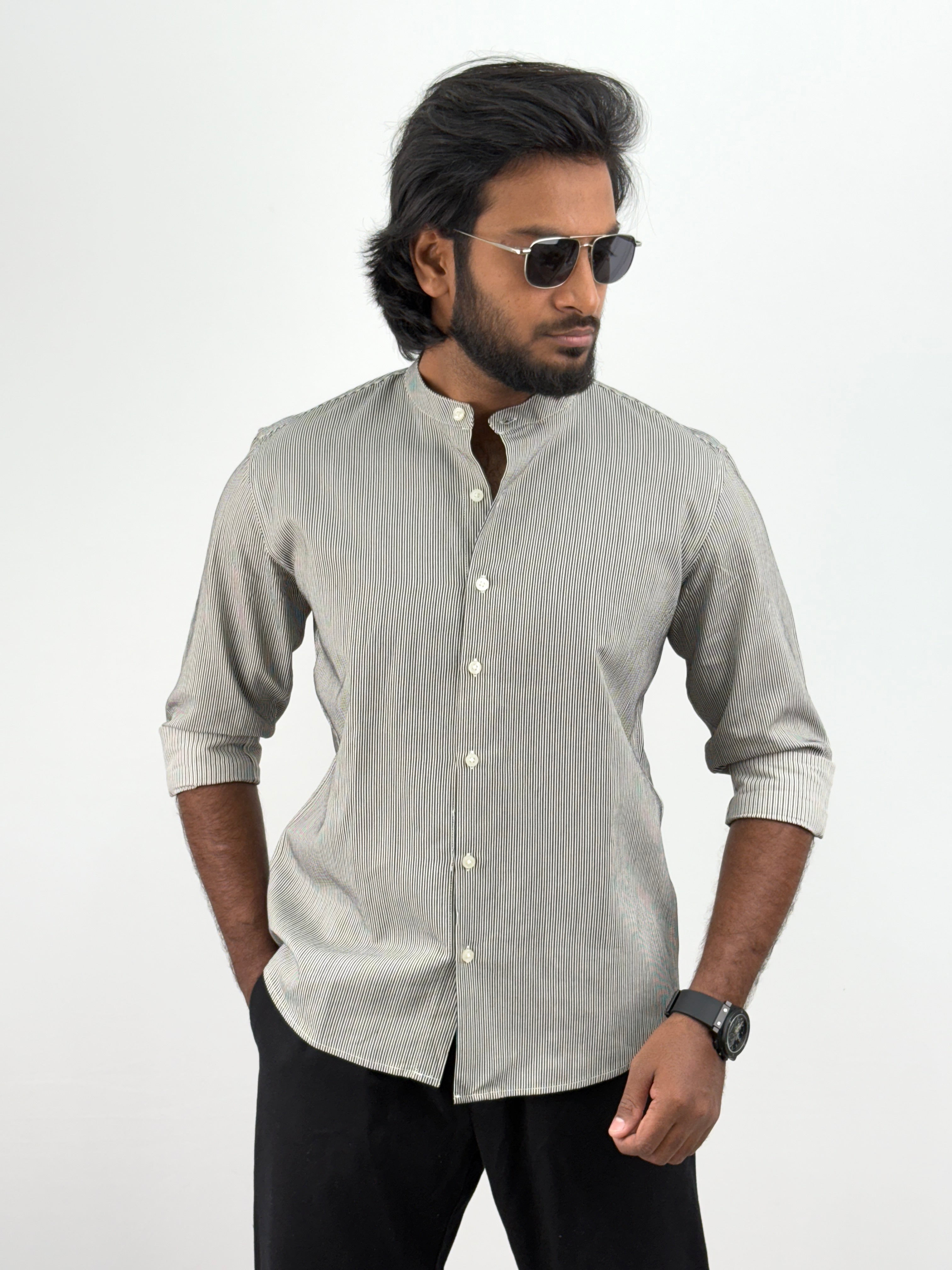 White Black Mandarin Collar Stripe Shirt