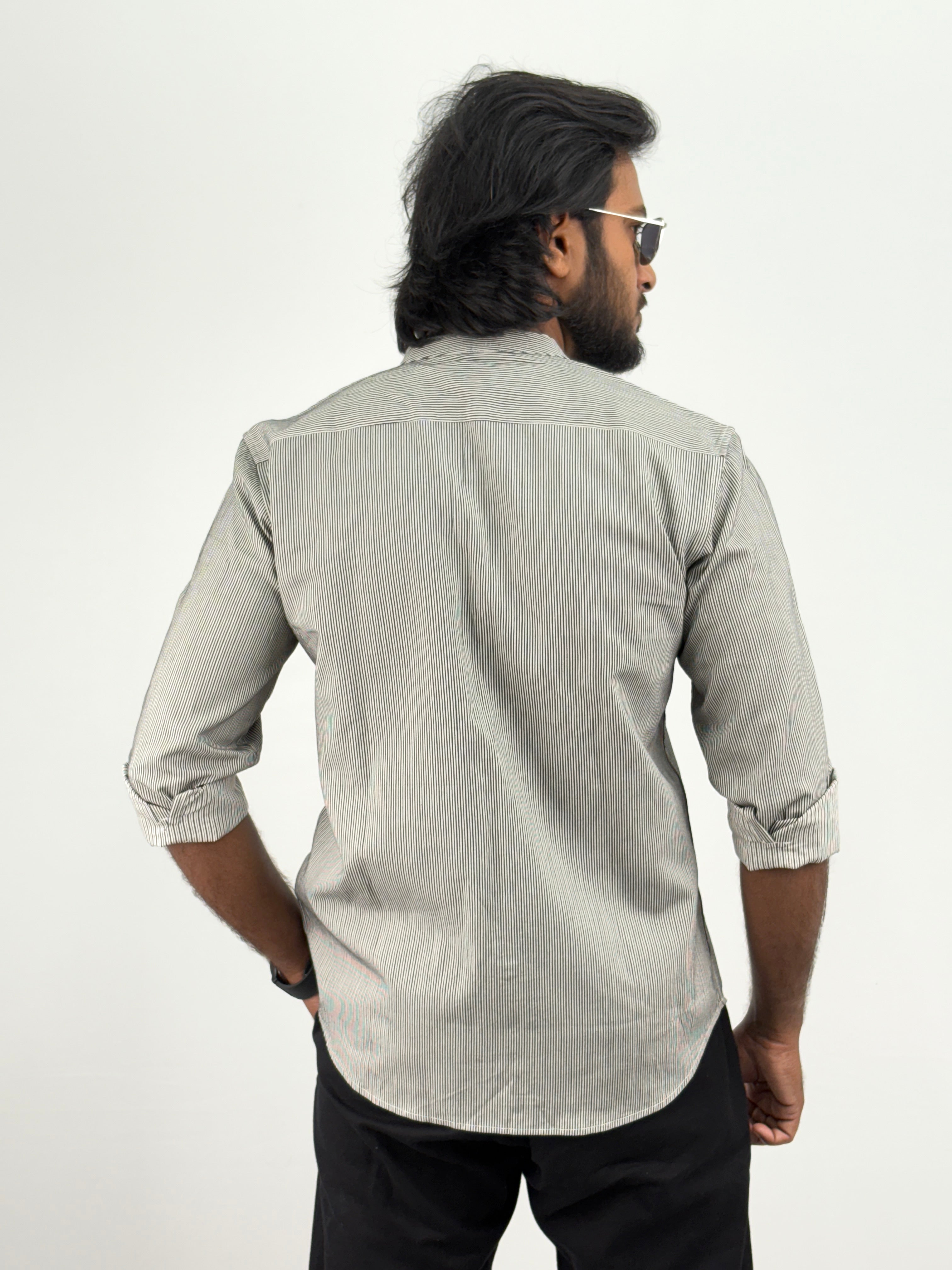 White Black Mandarin Collar Stripe Shirt