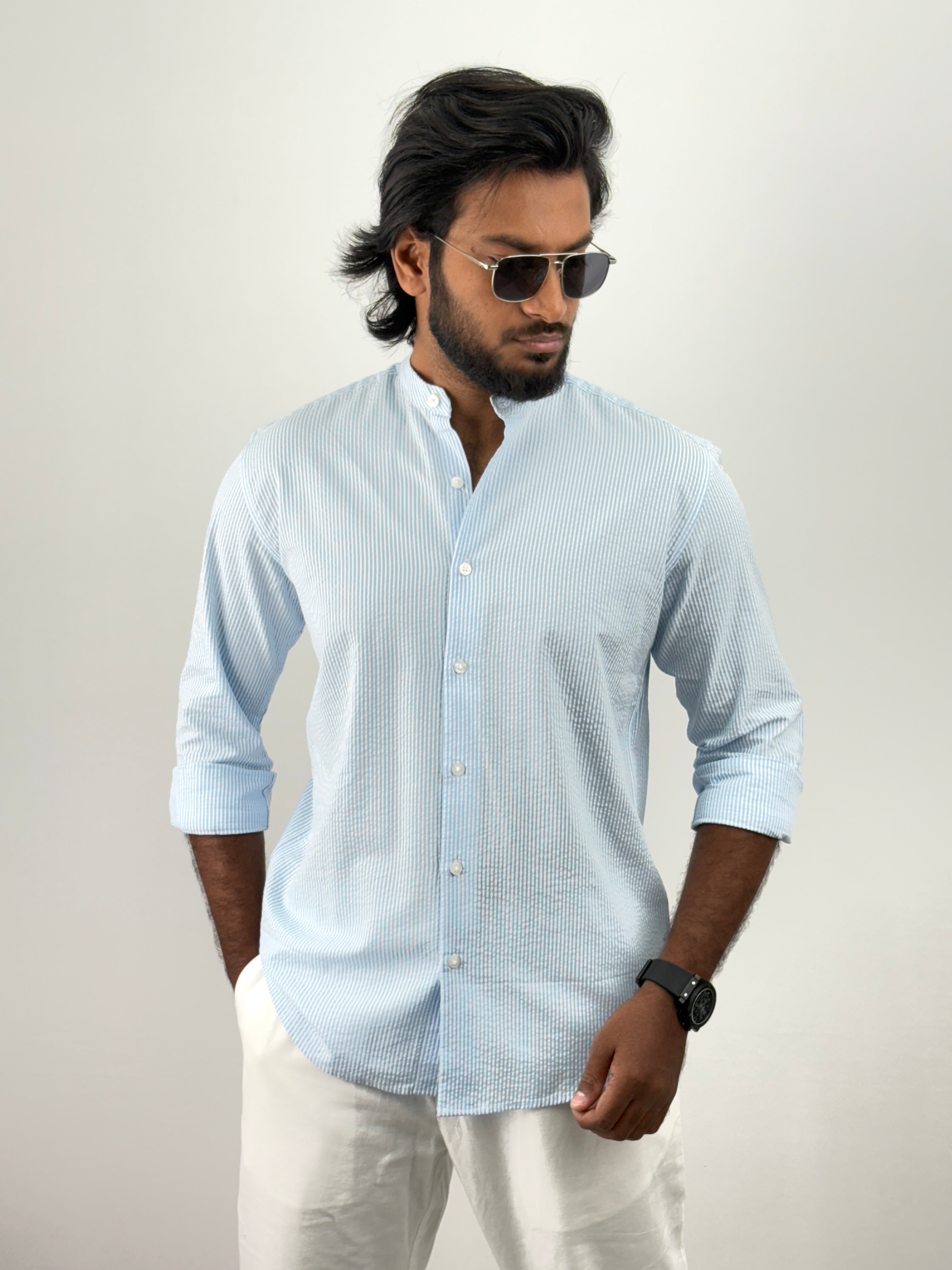 Blue Mandarin Collar Shirts