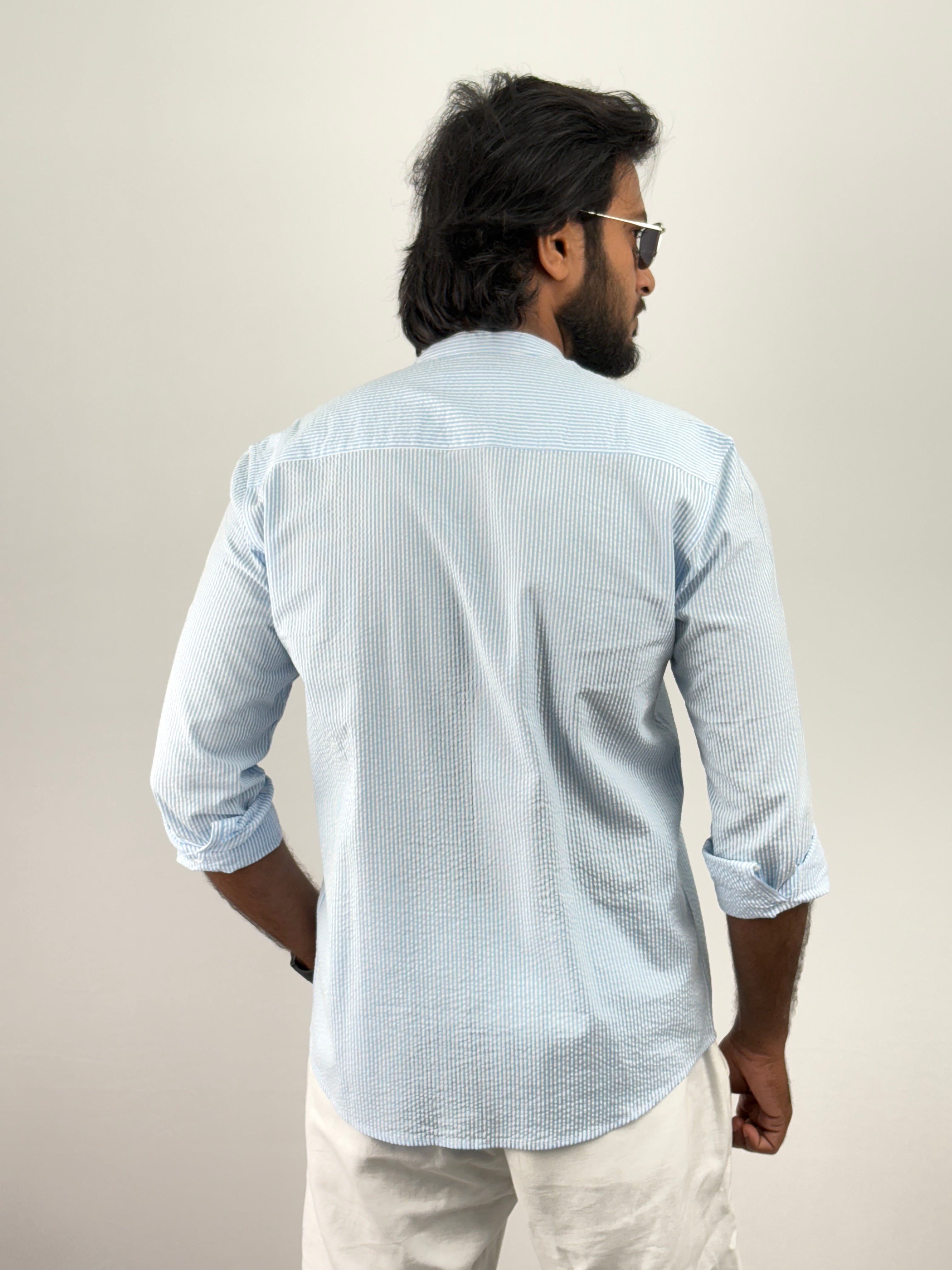 Blue Mandarin Collar Shirts