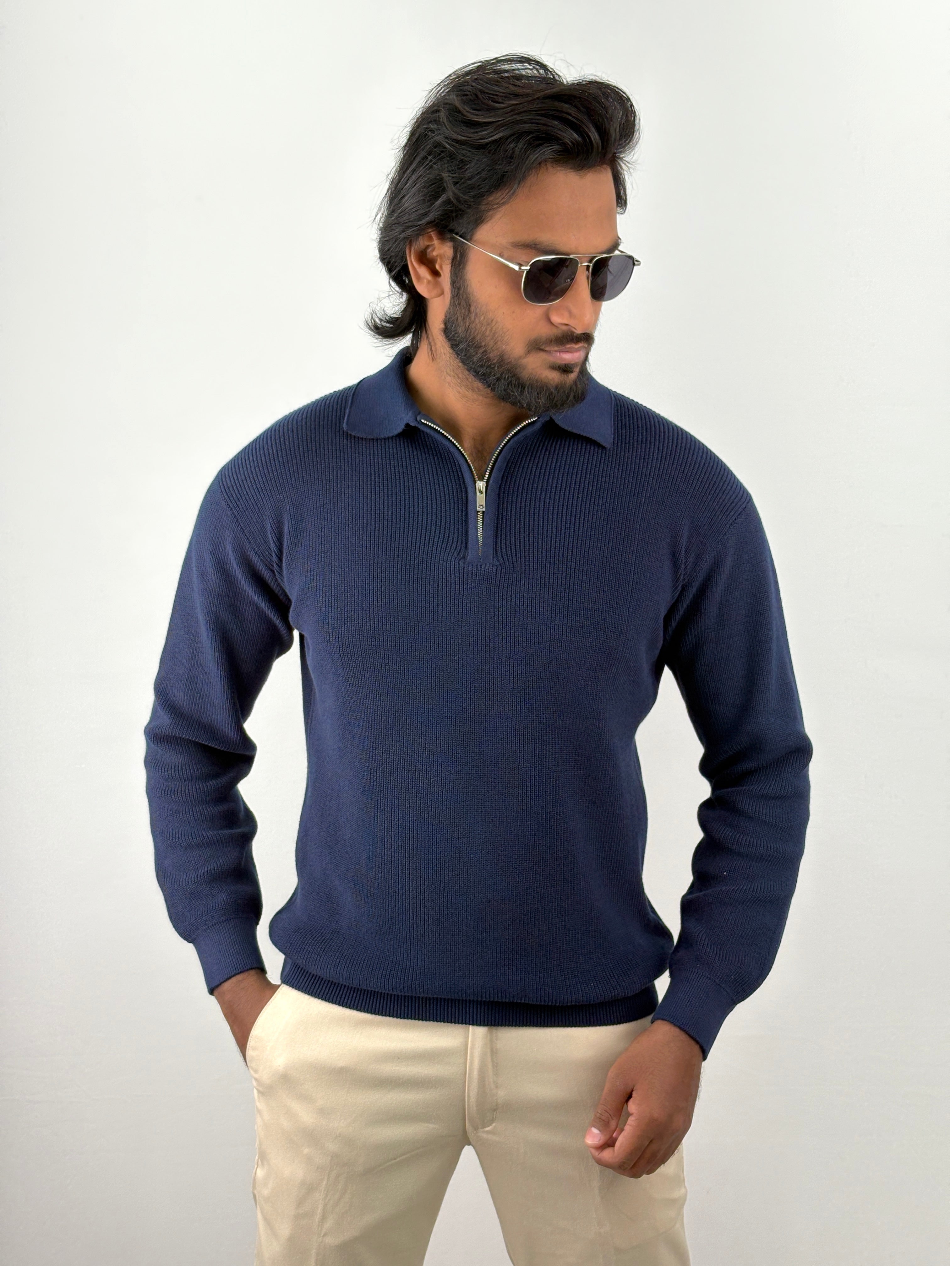 Navy Full Sleeve Zipper T-Shirt