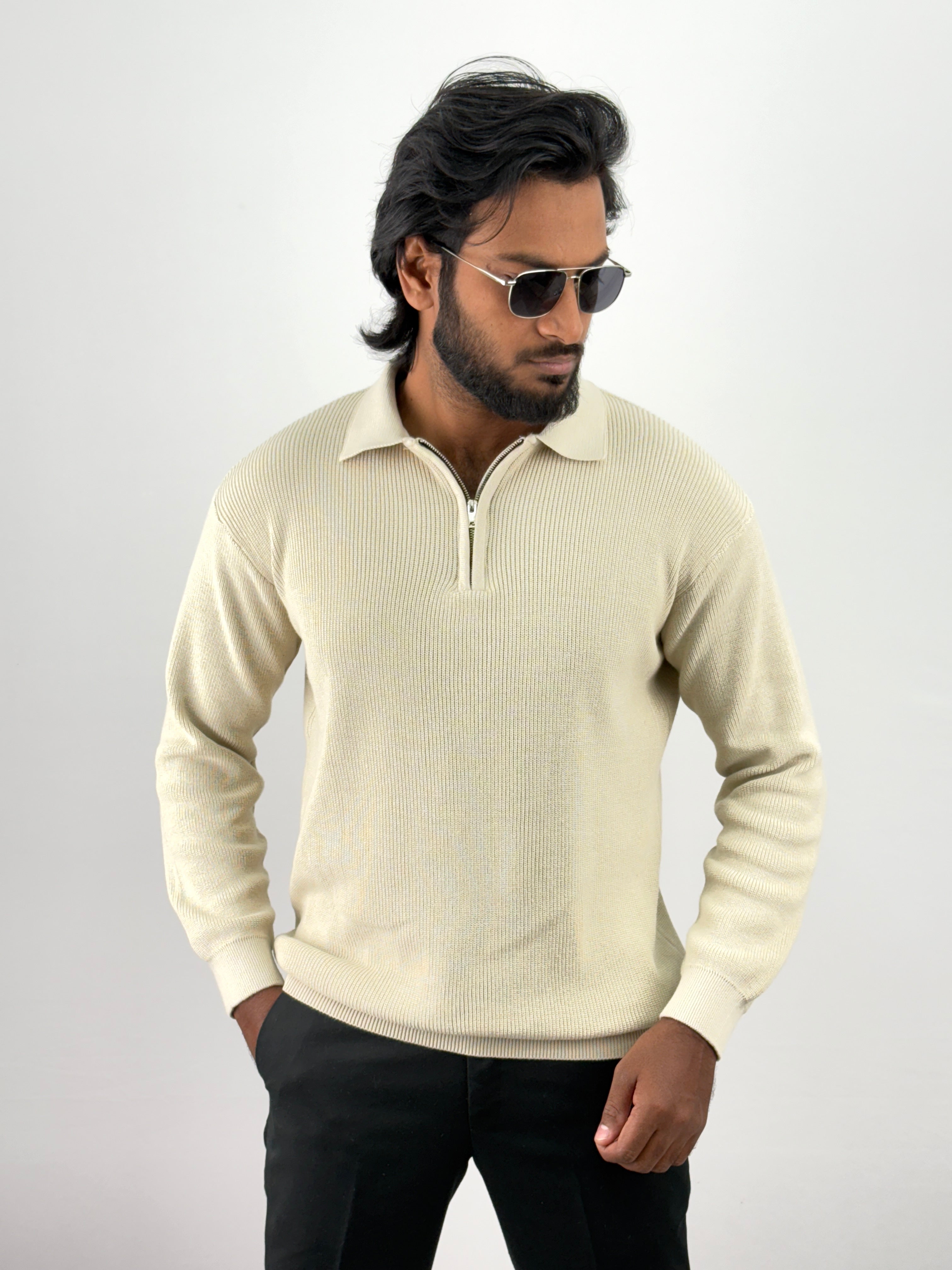 Cream Full Sleeve Zipper T-Shirt