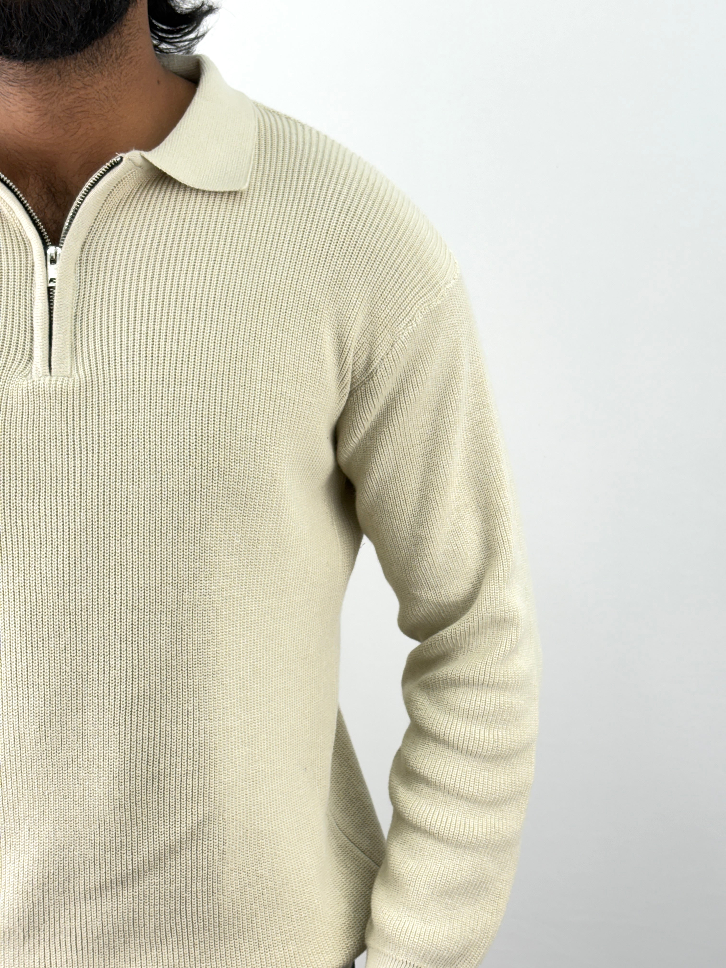 Cream Full Sleeve Zipper T-Shirt