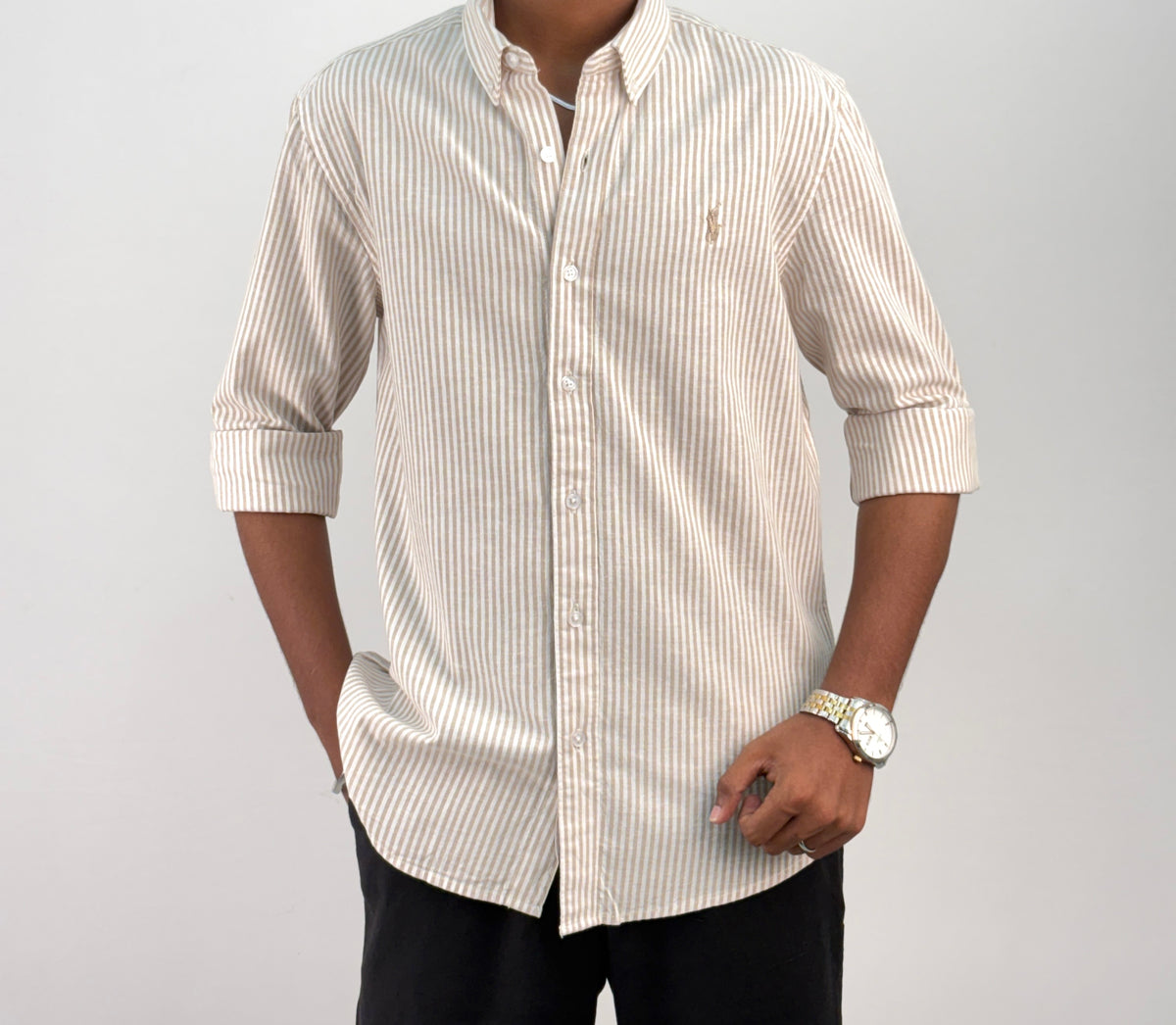 Beige Old Money Linen Stripe Shirt 2
