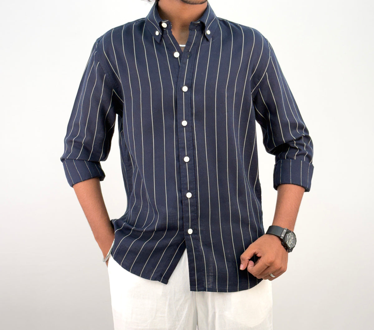 Navy Linen Stripe Shirt