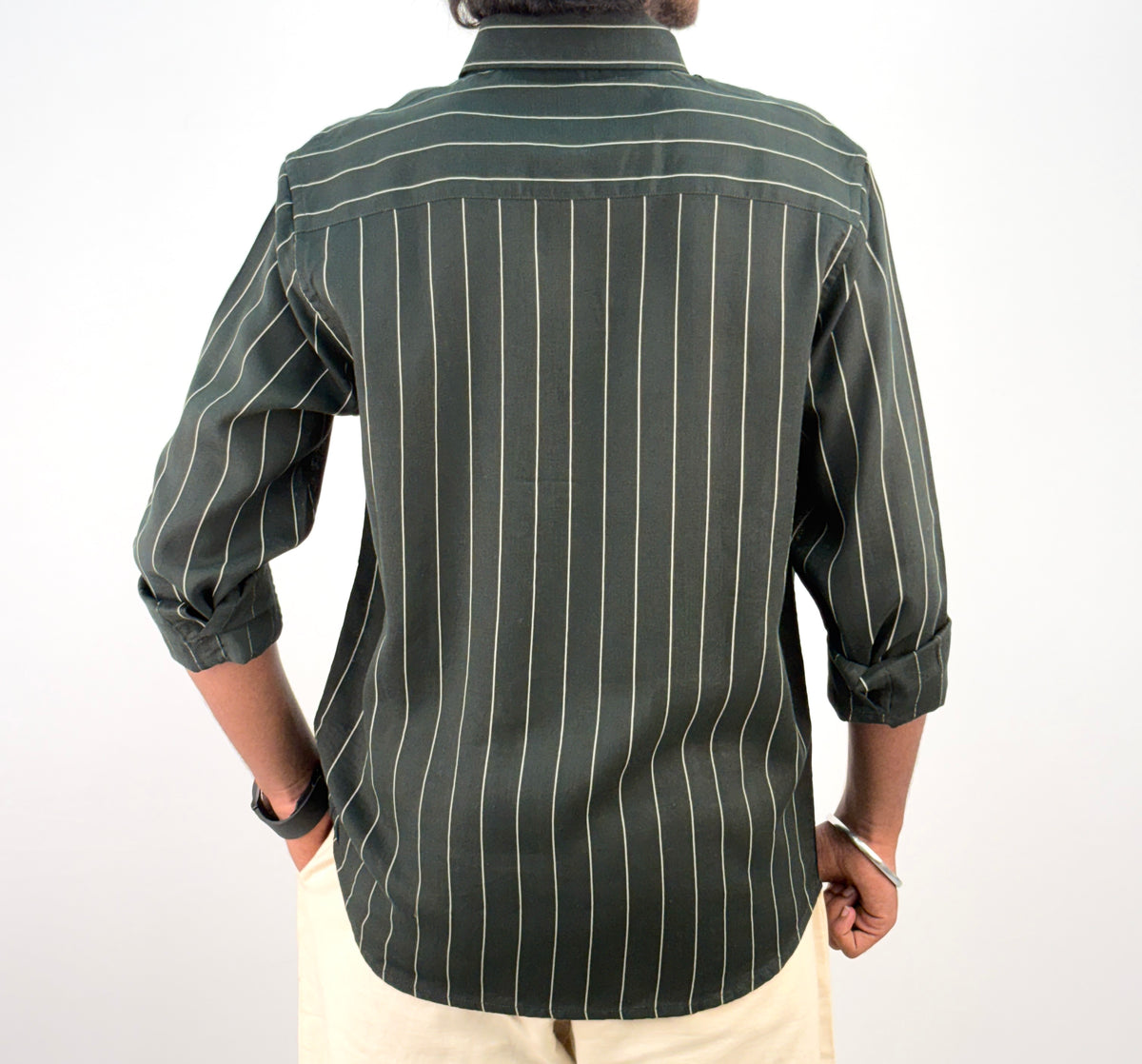 Dark Green Linen Stripe Shirt