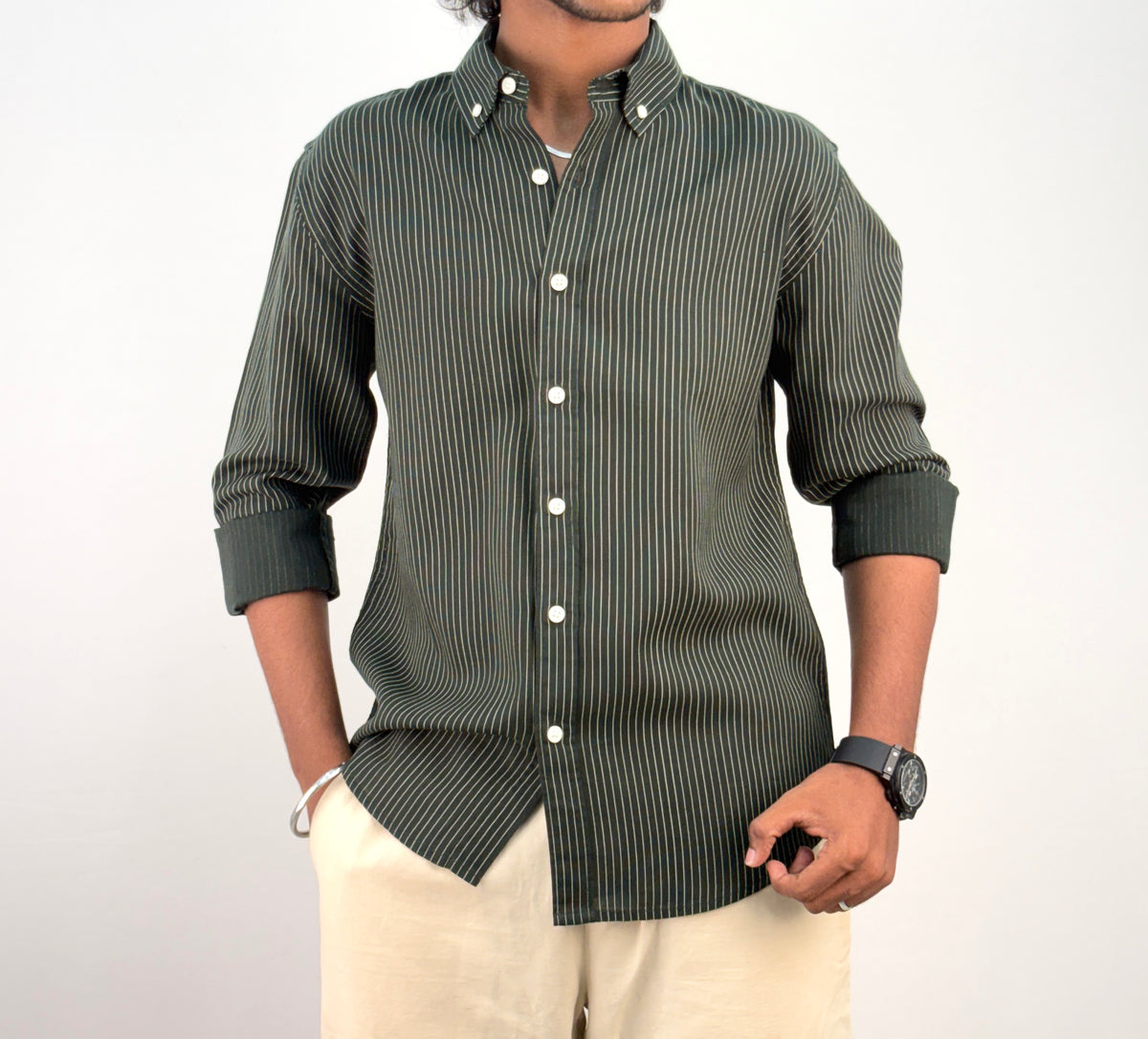 Dark Green Linen Stripe Shirt