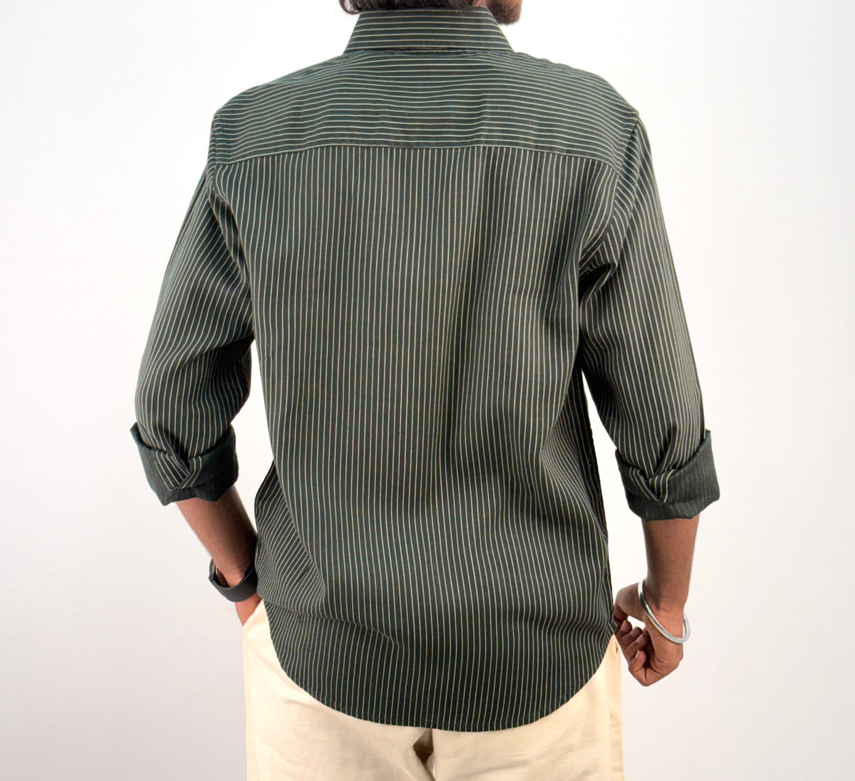 Dark Green Linen Stripe Shirt