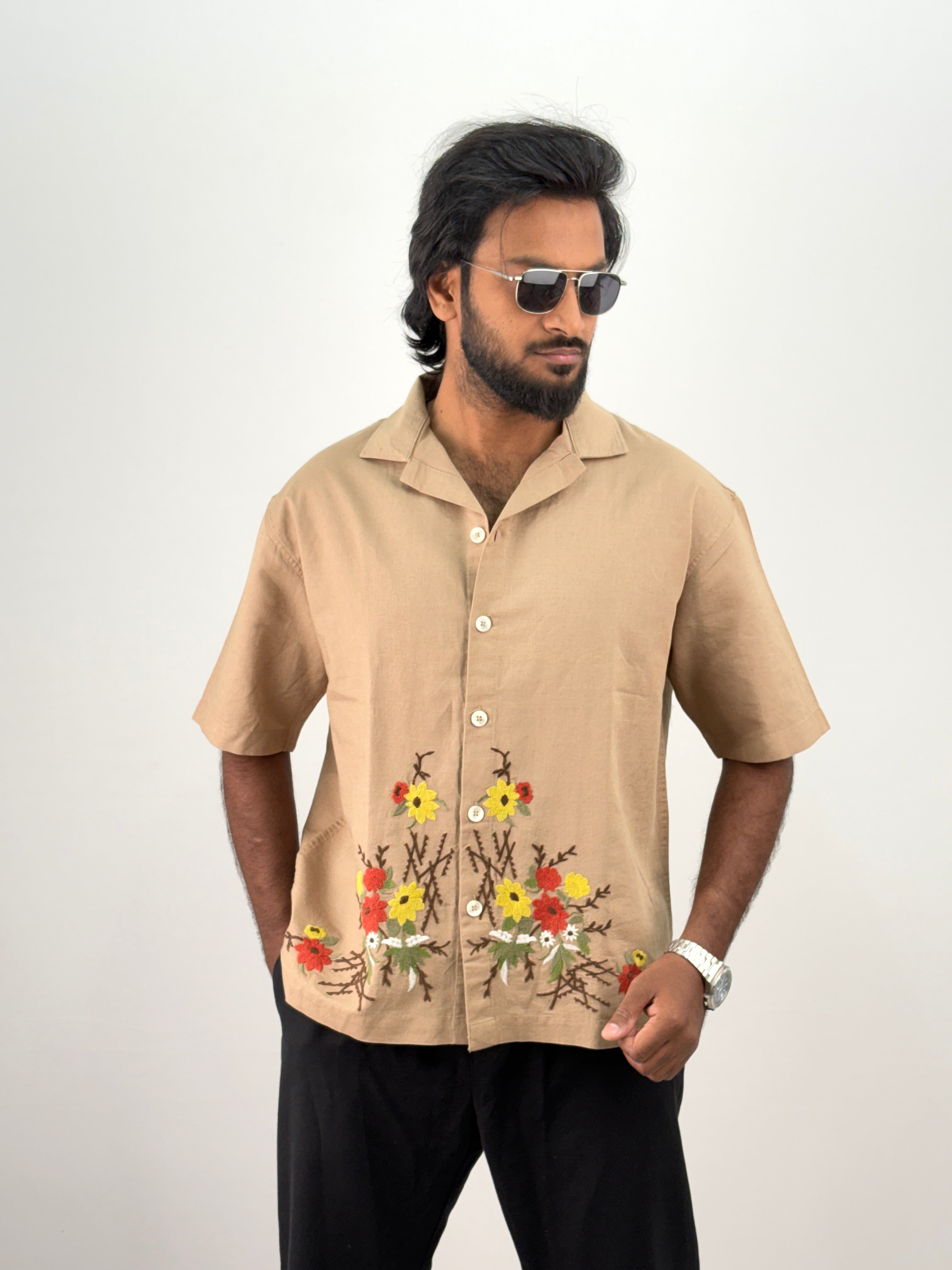 Beige Half Sleeve Embroidery Shirt