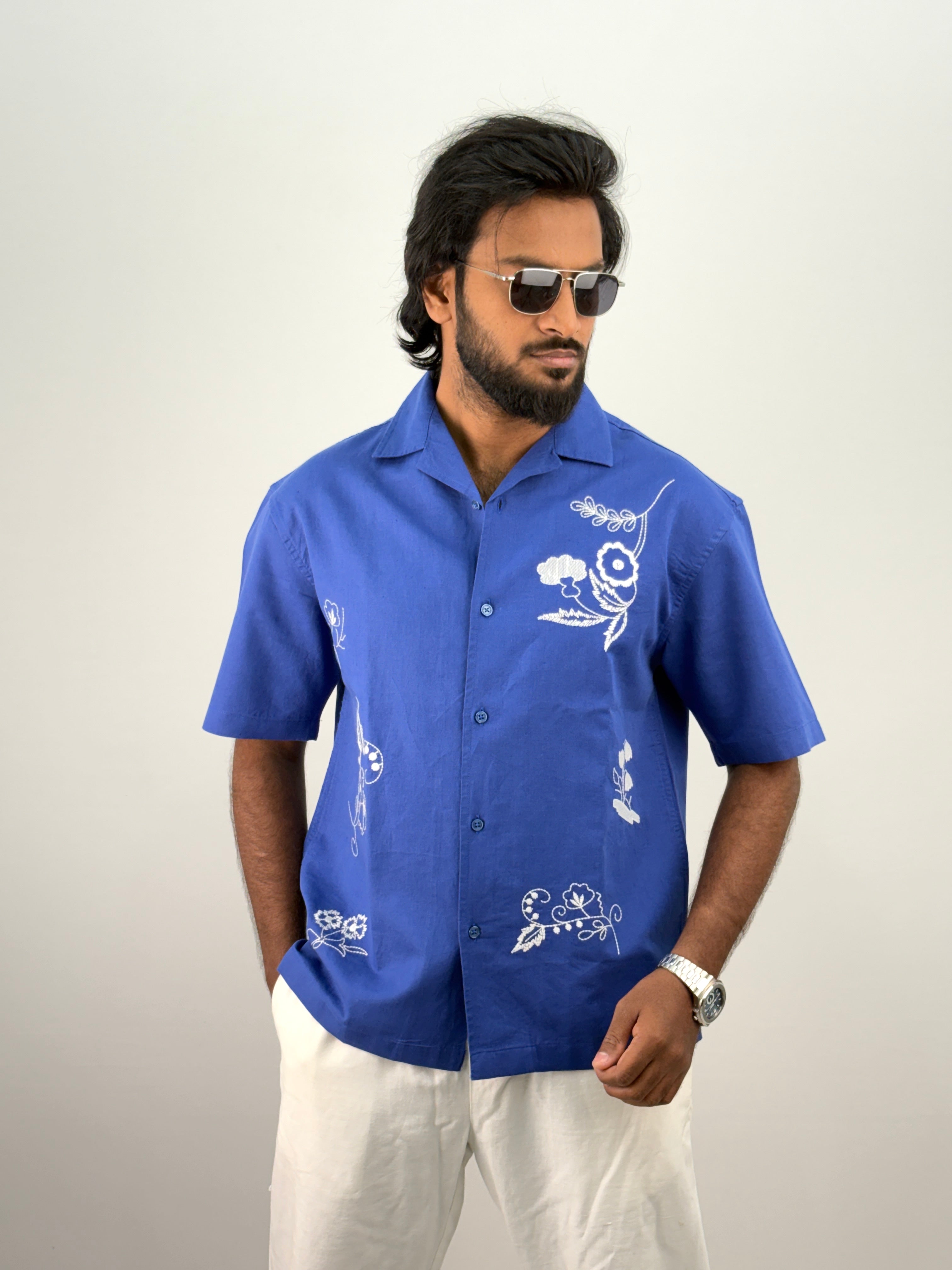 Blue Half Sleeve Embroidery Shirt