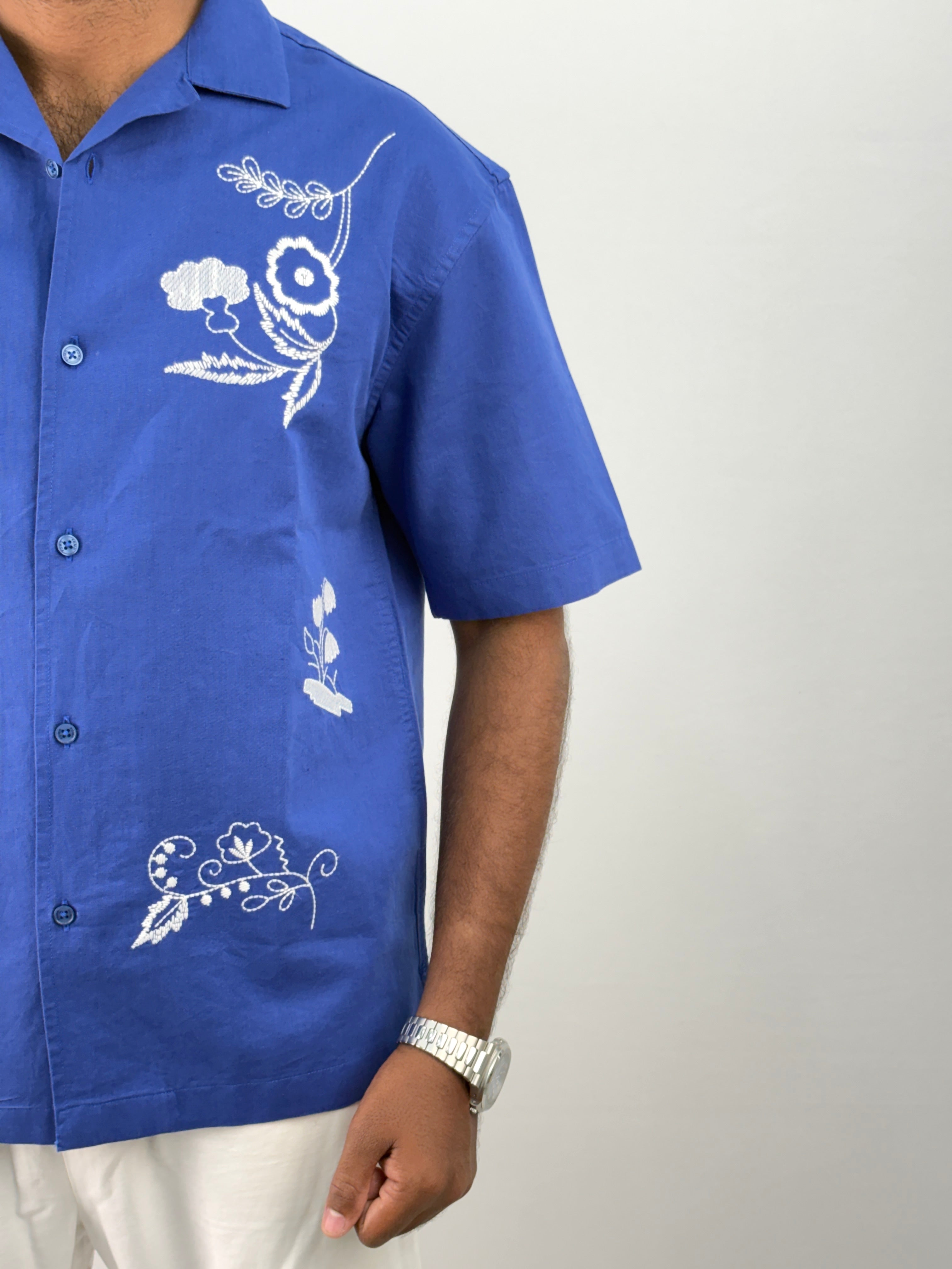 Blue Half Sleeve Embroidery Shirt
