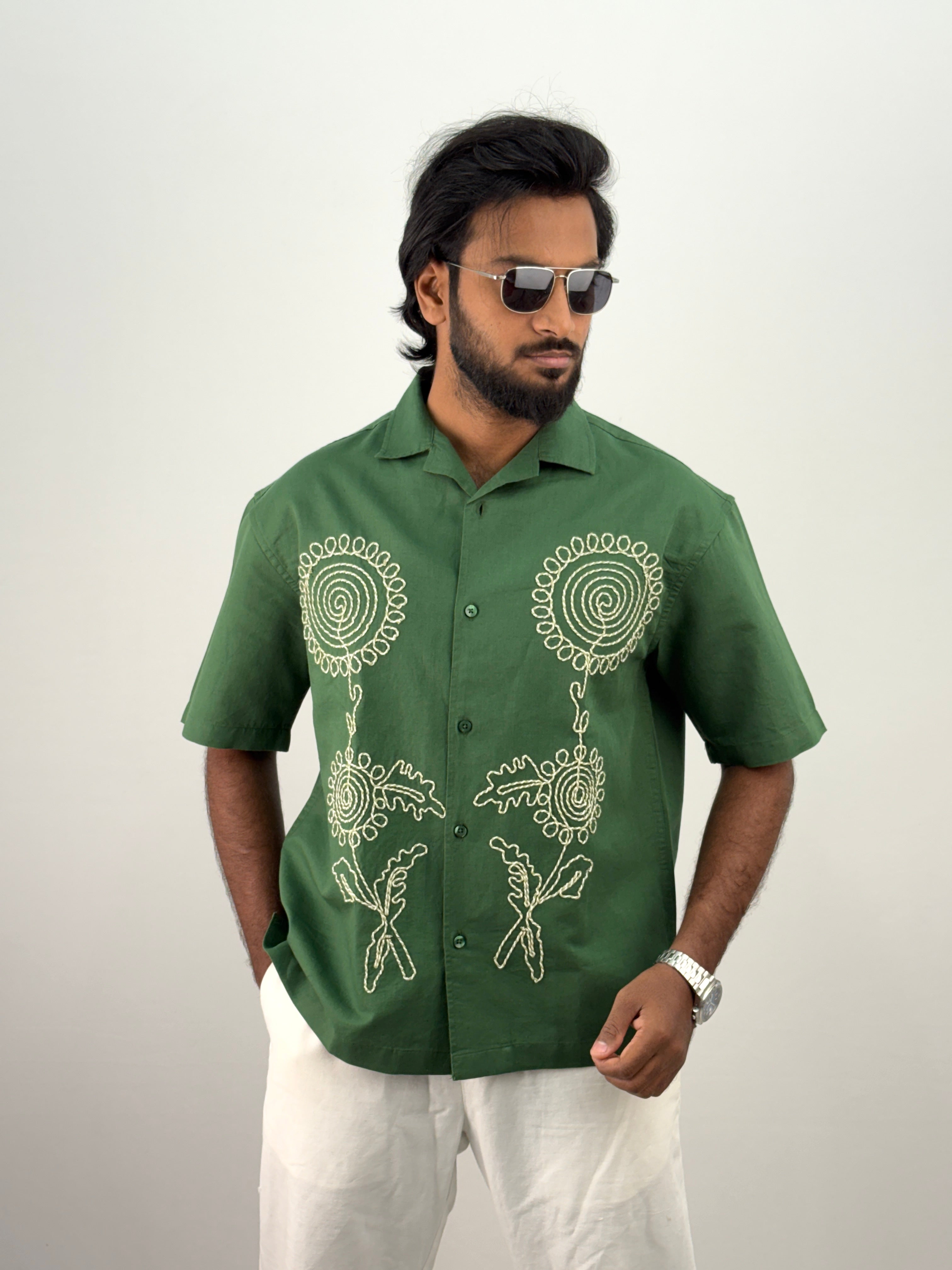 Green Half Sleeve Embroidery Shirt