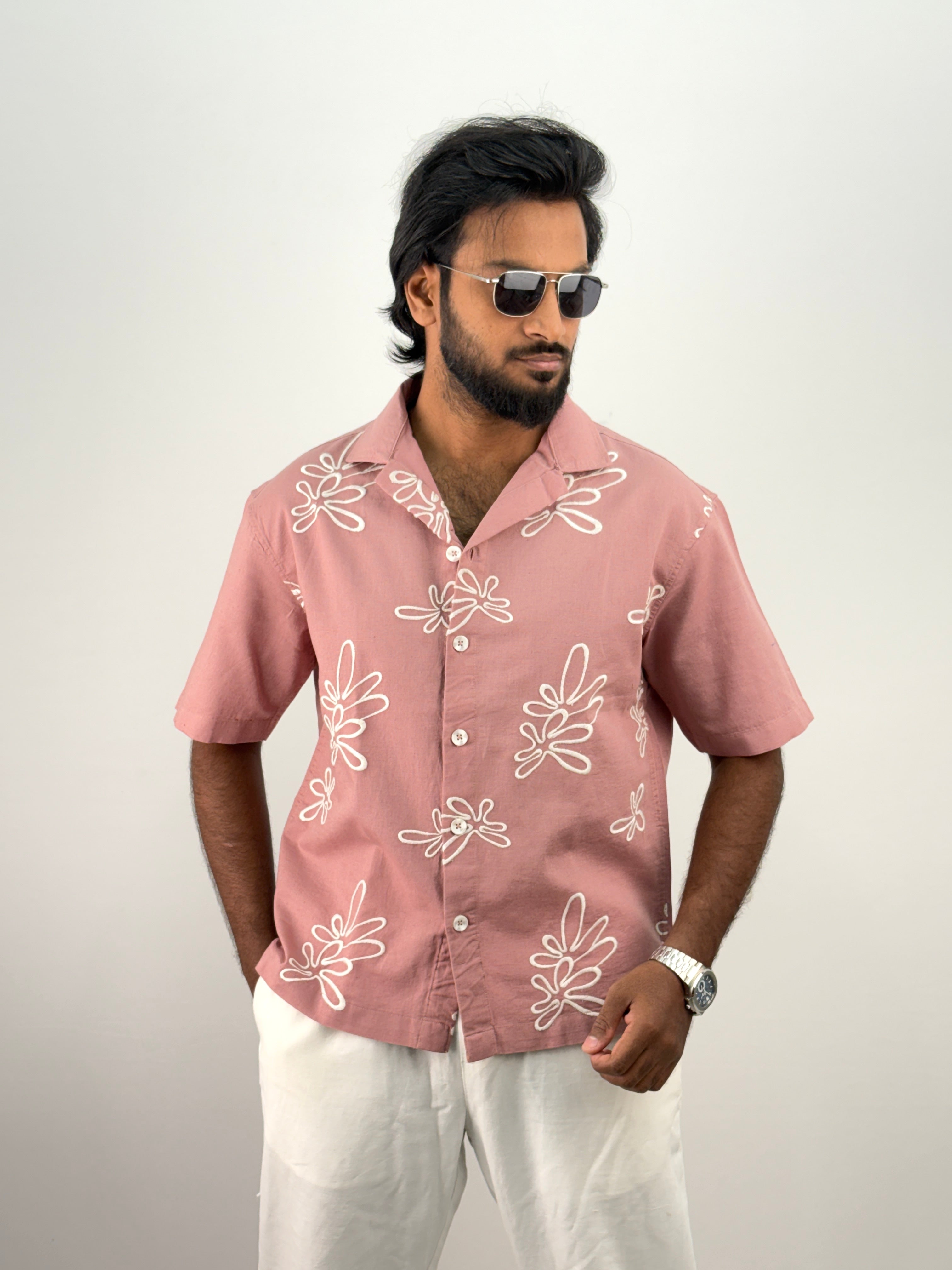 Peach Half Sleeve Embroidery Shirt