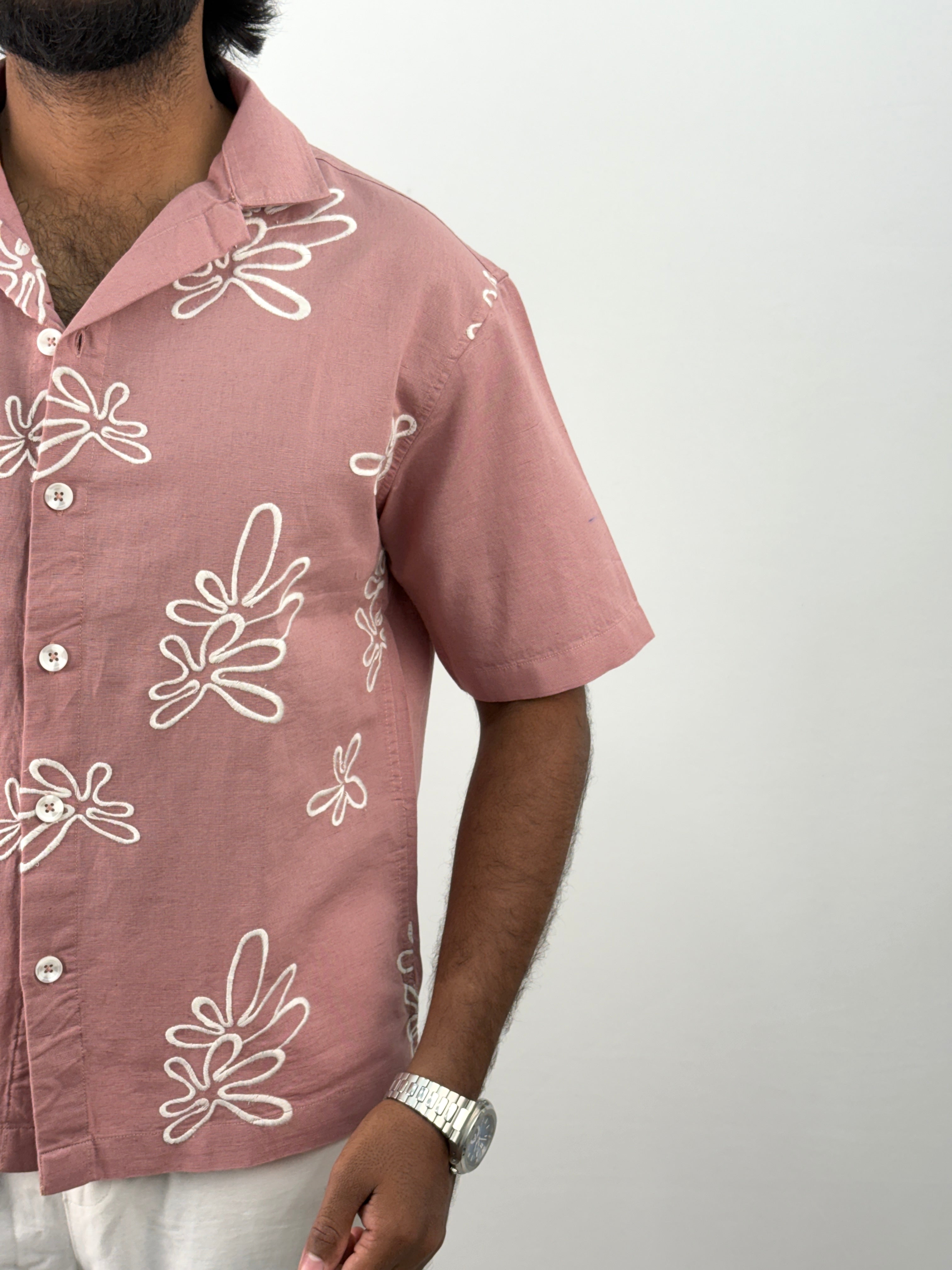 Peach Half Sleeve Embroidery Shirt