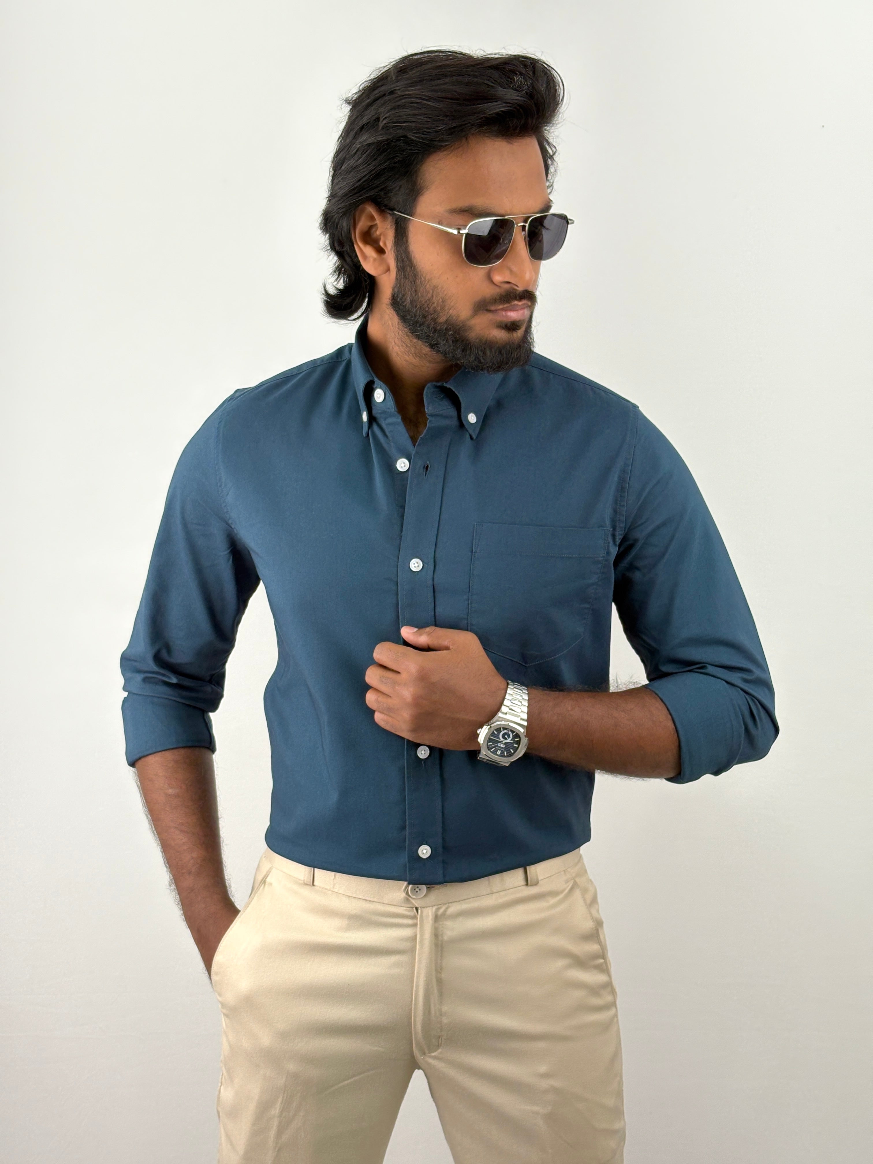 Dark Teal Plain Oxford Shirt