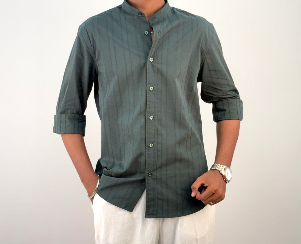 Green Textured Mandarin Collar Shirt