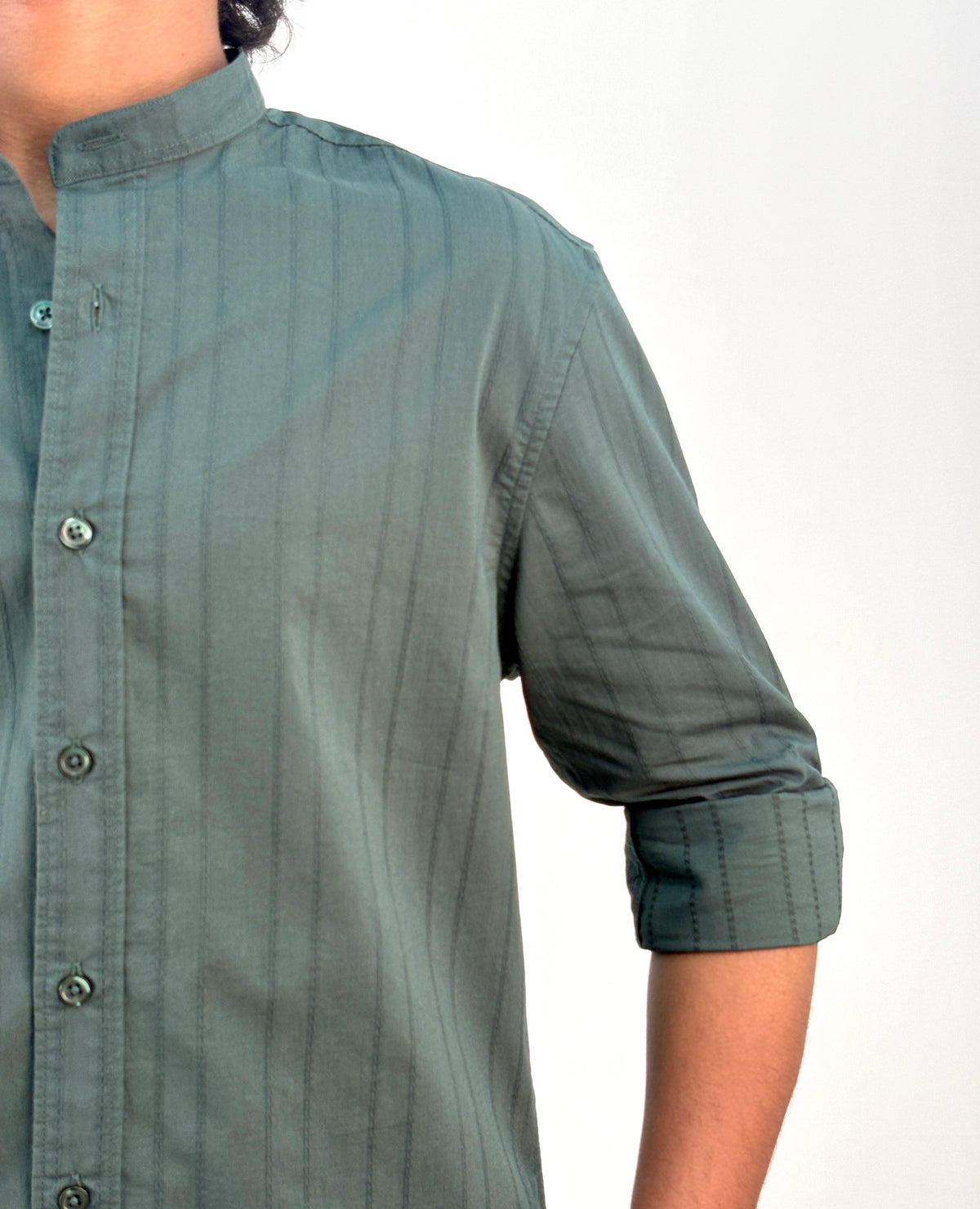 Green Textured Mandarin Collar Shirt