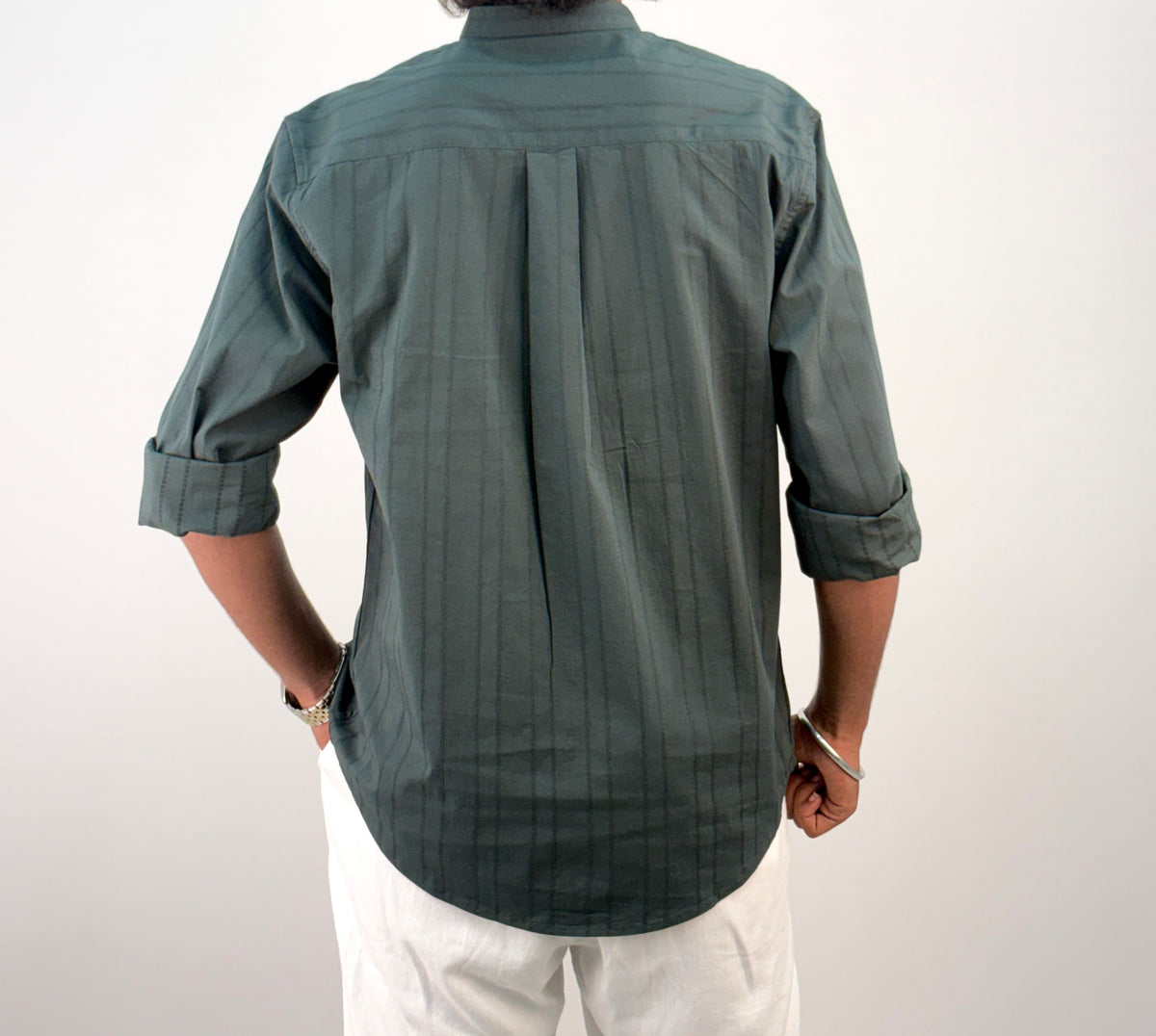 Green Textured Mandarin Collar Shirt