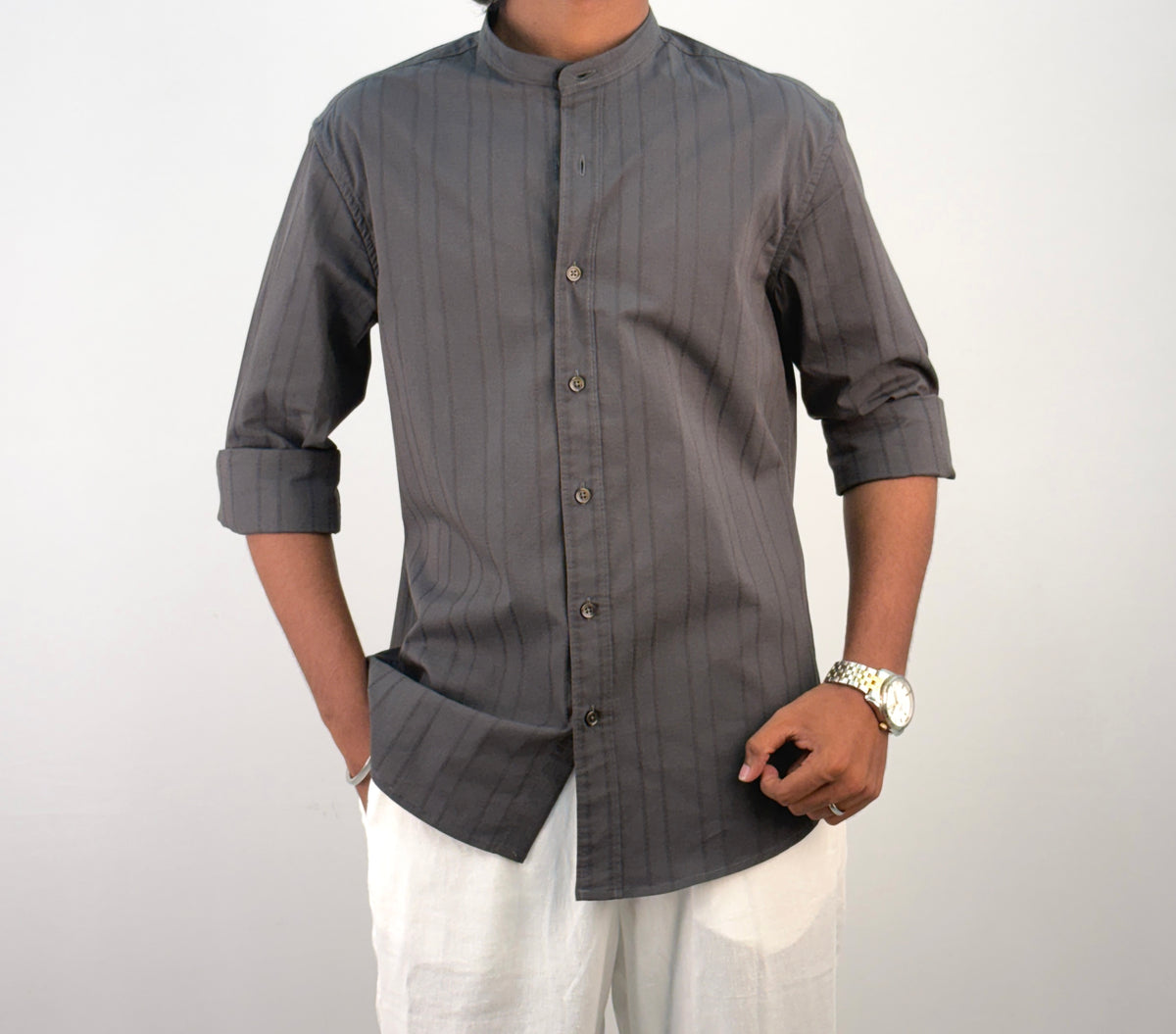 Grey Textured Mandarin Collar Shirt