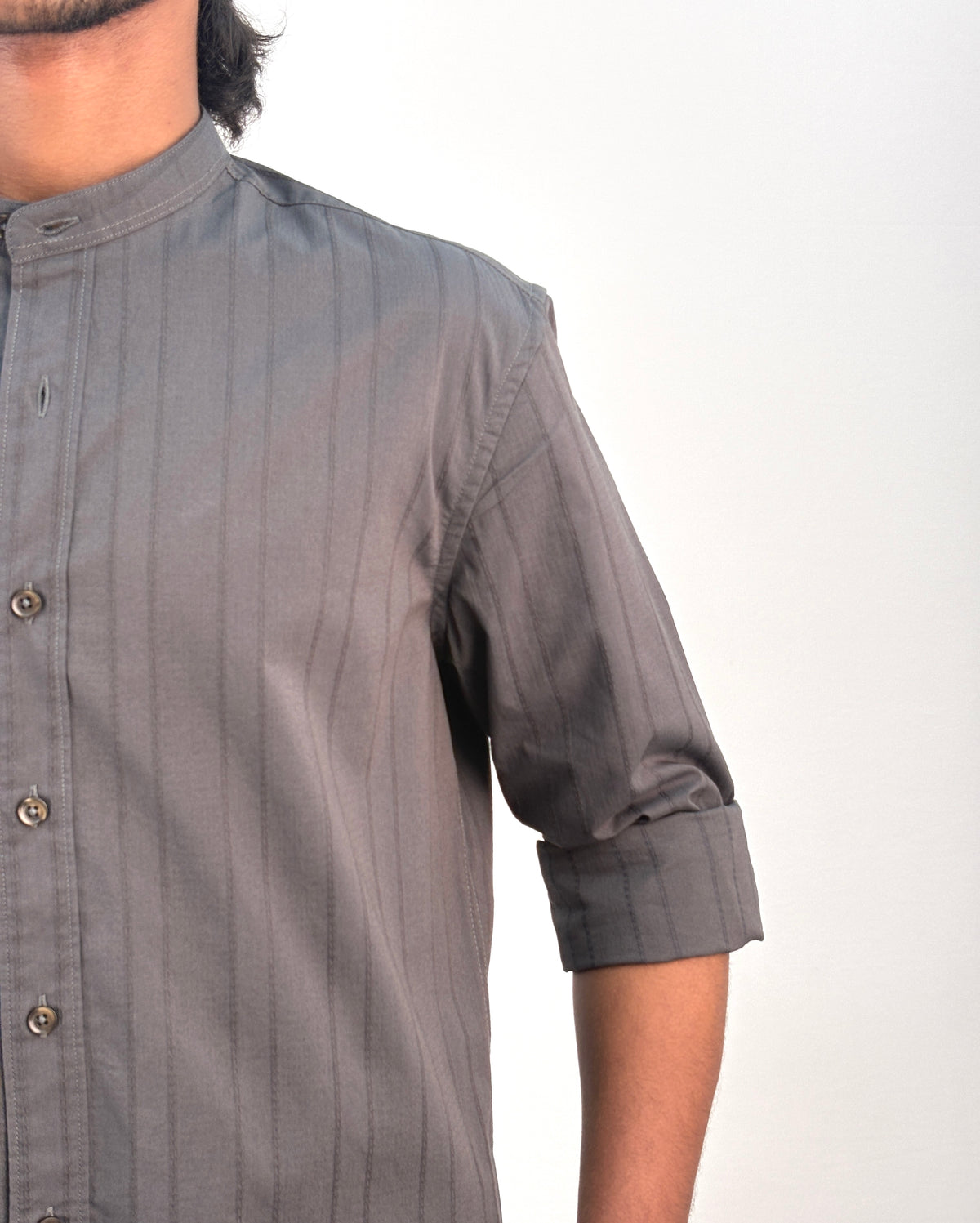 Grey Textured Mandarin Collar Shirt