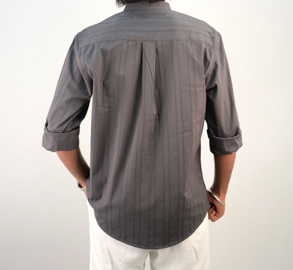 Grey Textured Mandarin Collar Shirt
